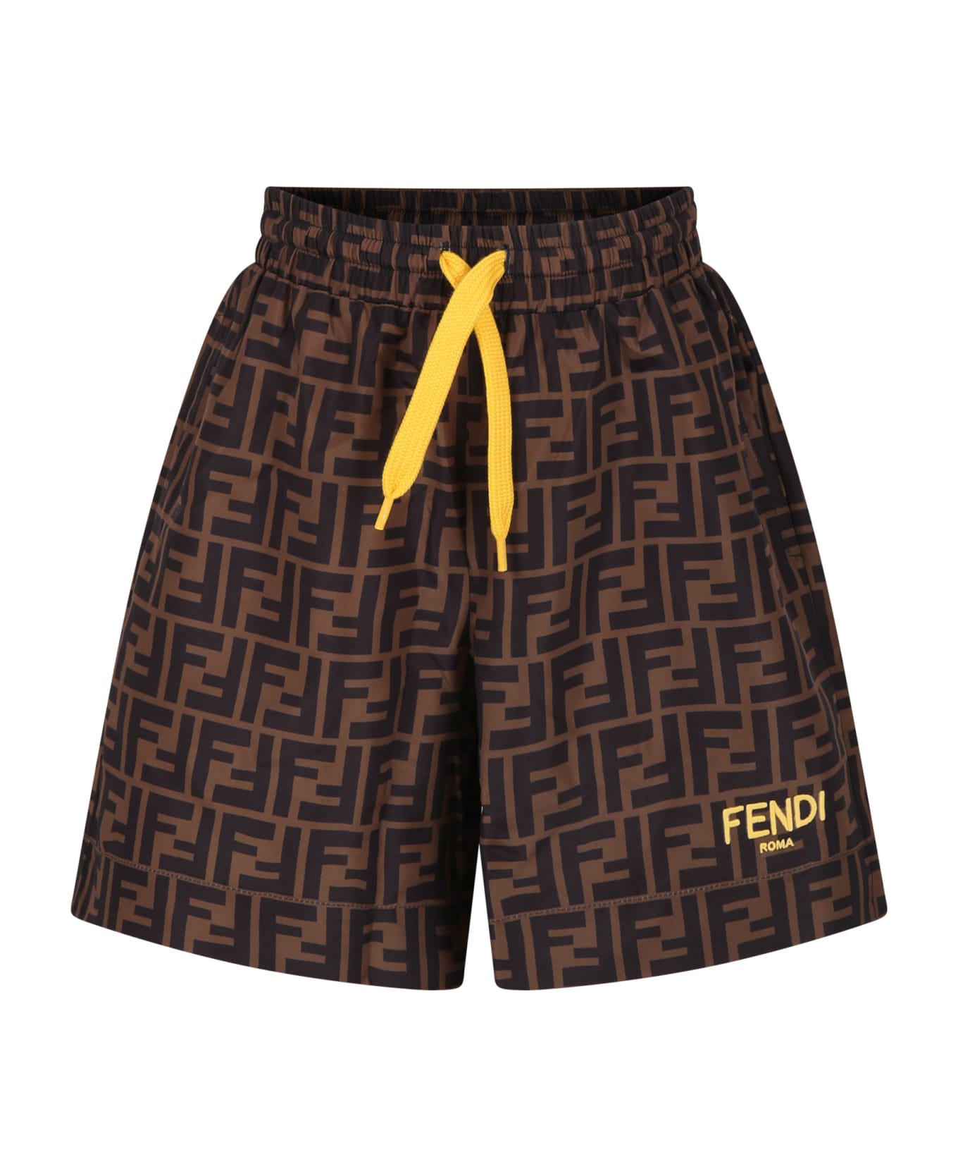 Fendi Brown Swim Shorts For Boy With Iconic Ff And Fendi Logo - Marrone