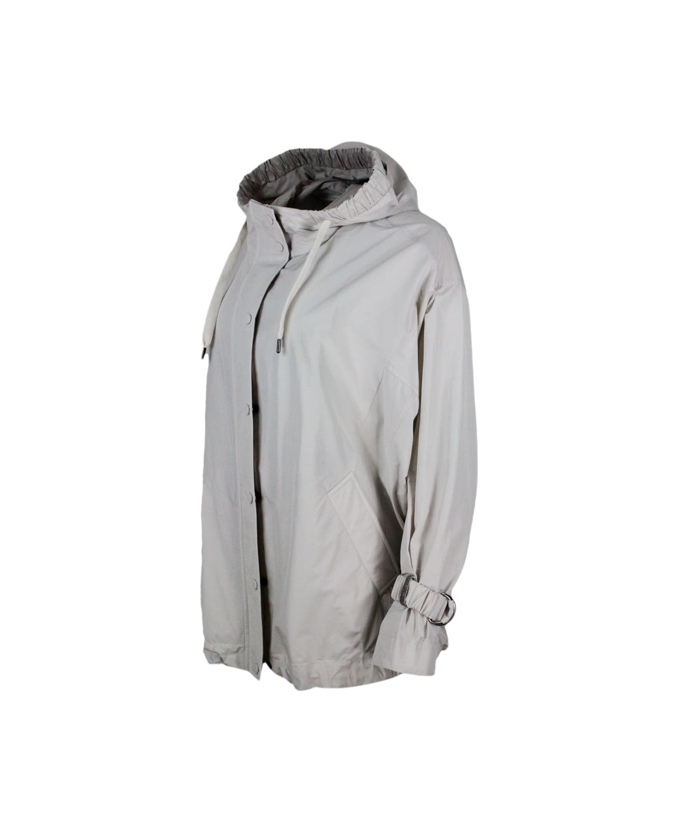 Brunello Cucinelli Water Resistant Outerware Jacket With Hood And Drawstring Hem. Curl On The Sleeve With Precious Jewel - Grey Plaster