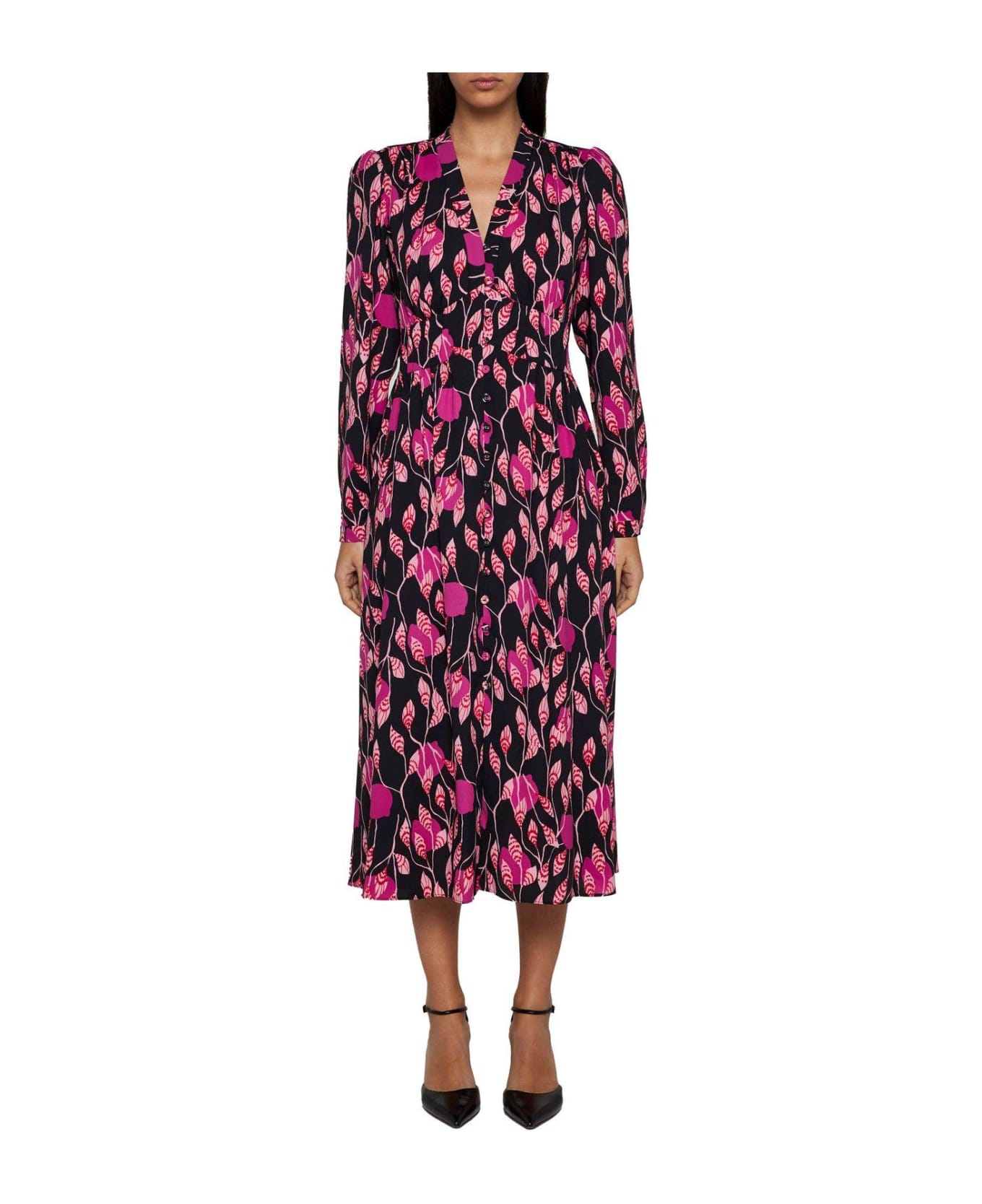 Diane Von Furstenberg Erica Long Sleeve Midi Dress - BLACK/PINK