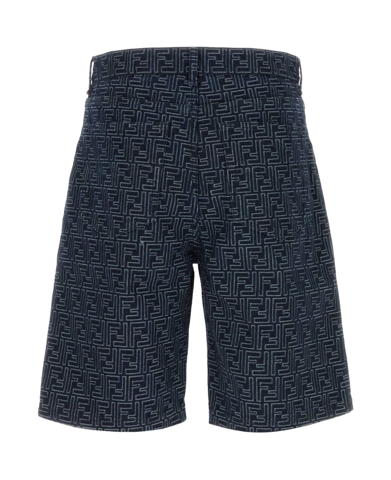 Fendi Embroidered Denim Bermuda Shorts - INDIGO