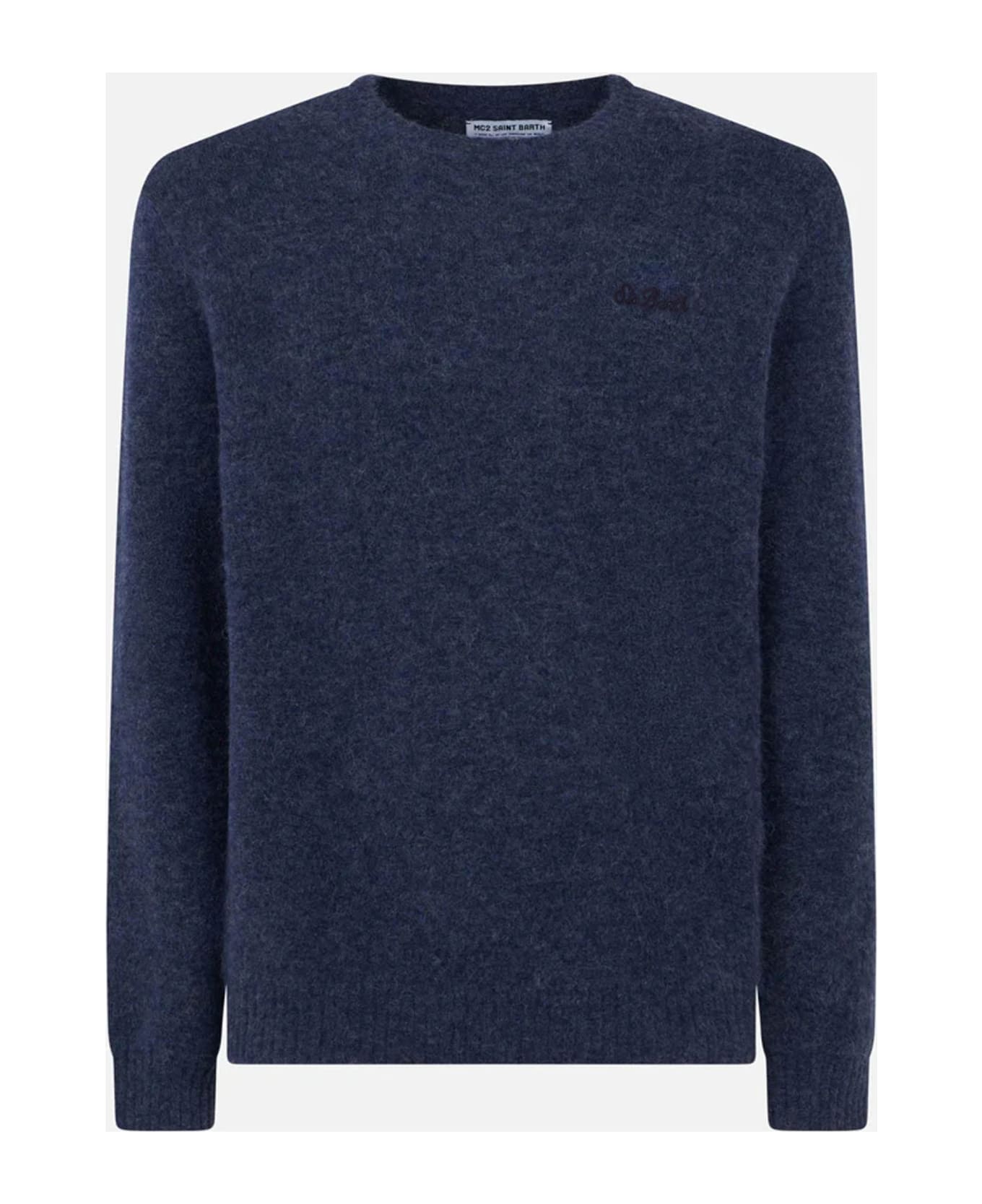 MC2 Saint Barth Man Navy Blue Stretch Wool Sweater With St. Barth Embroidery - BLUE