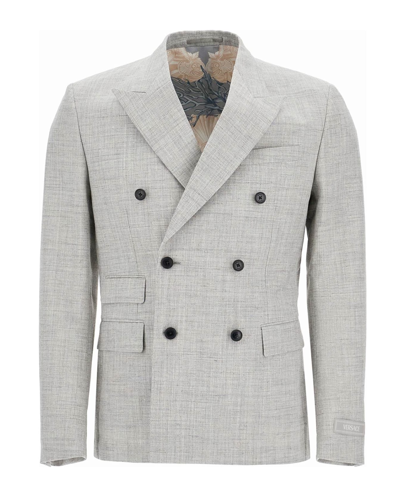 Versace Double-breasted Wool Blend Blazer - CONCRETE MELANGE (Grey)