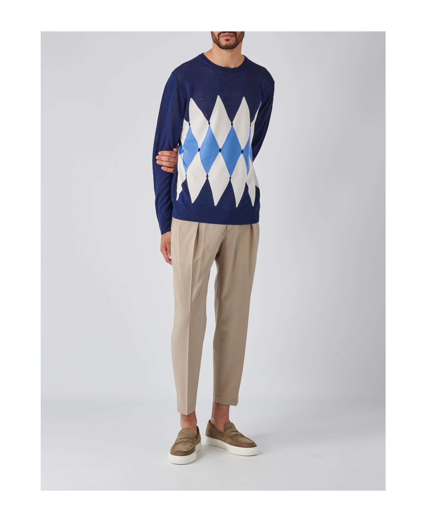 Ballantyne Neck Pullover Diamond Sweater - LATTE-BLU ニットウェア