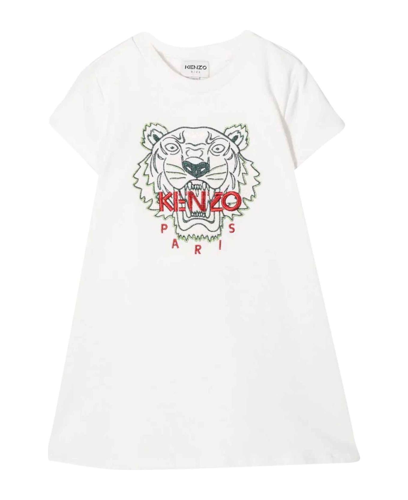 Kenzo Kids White Girl Dress With Tiger Head Embroidery 
Jersey Sweatshirt, Crew Neck, Short Sleeves And Straight Hem By - Ecru