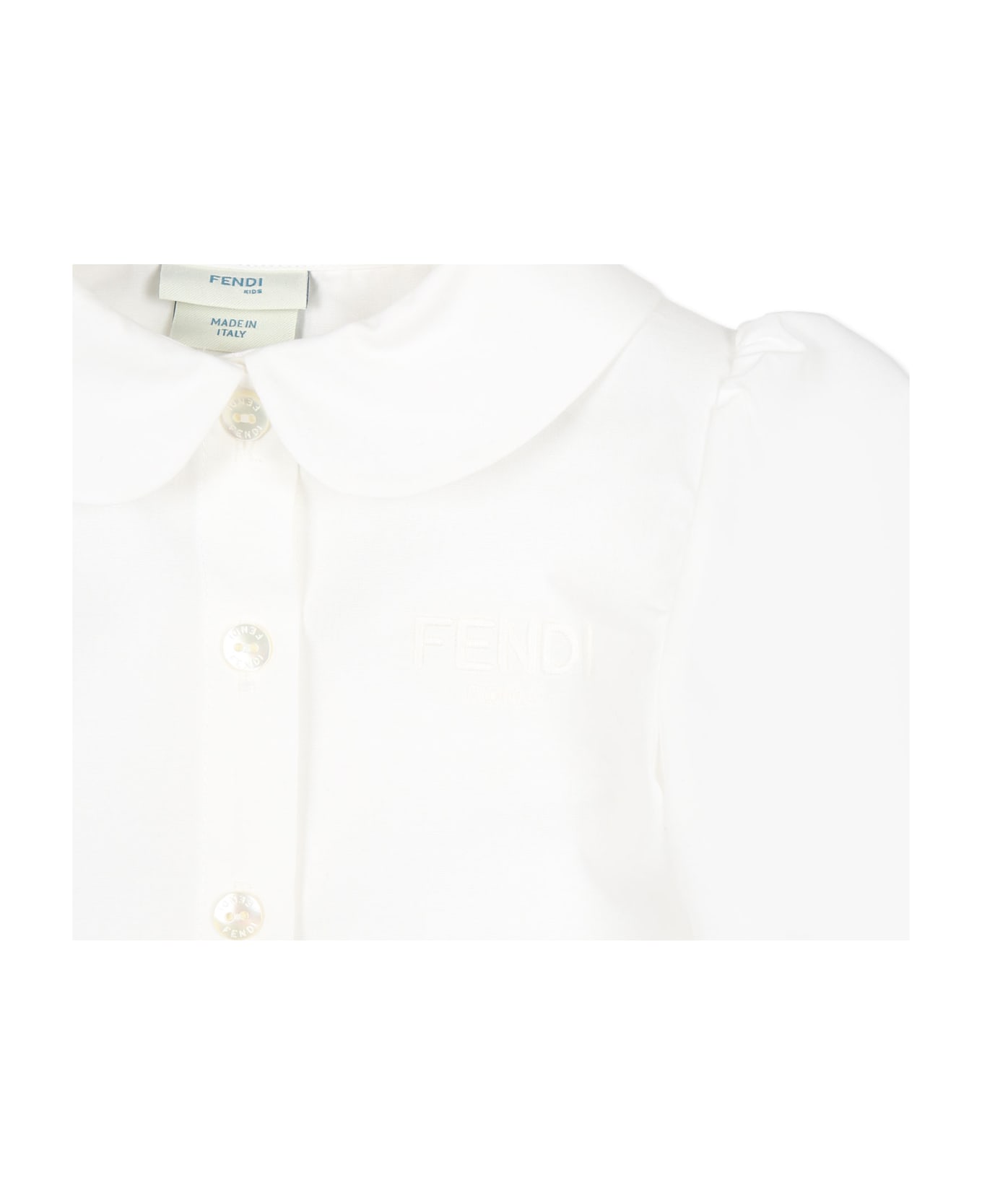 Fendi White Shirt For Baby Girl With Embroidered Fendi Roma Logo - White