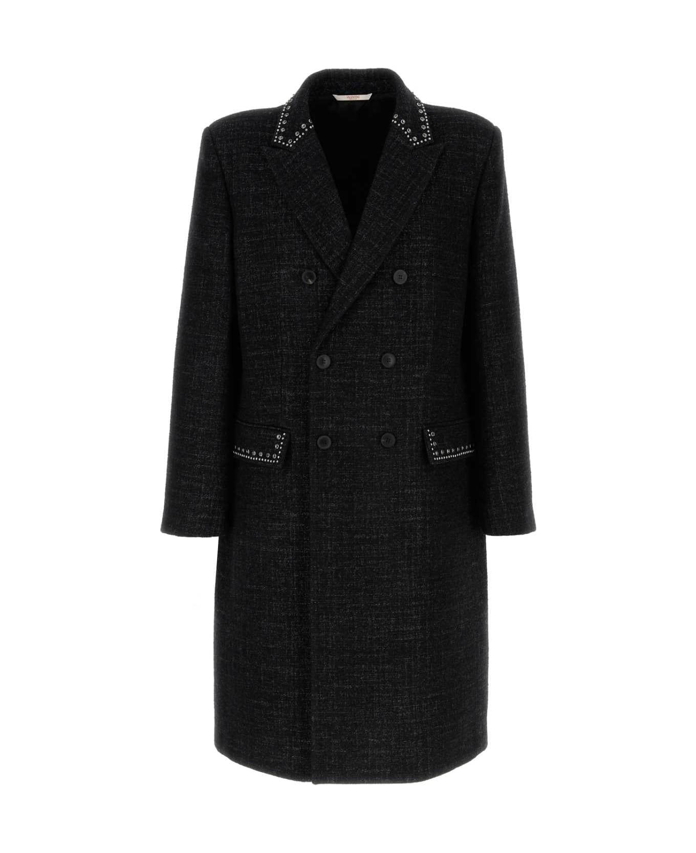 Valentino Garavani Melange Black Wool Blend Coat - ANTRACITE