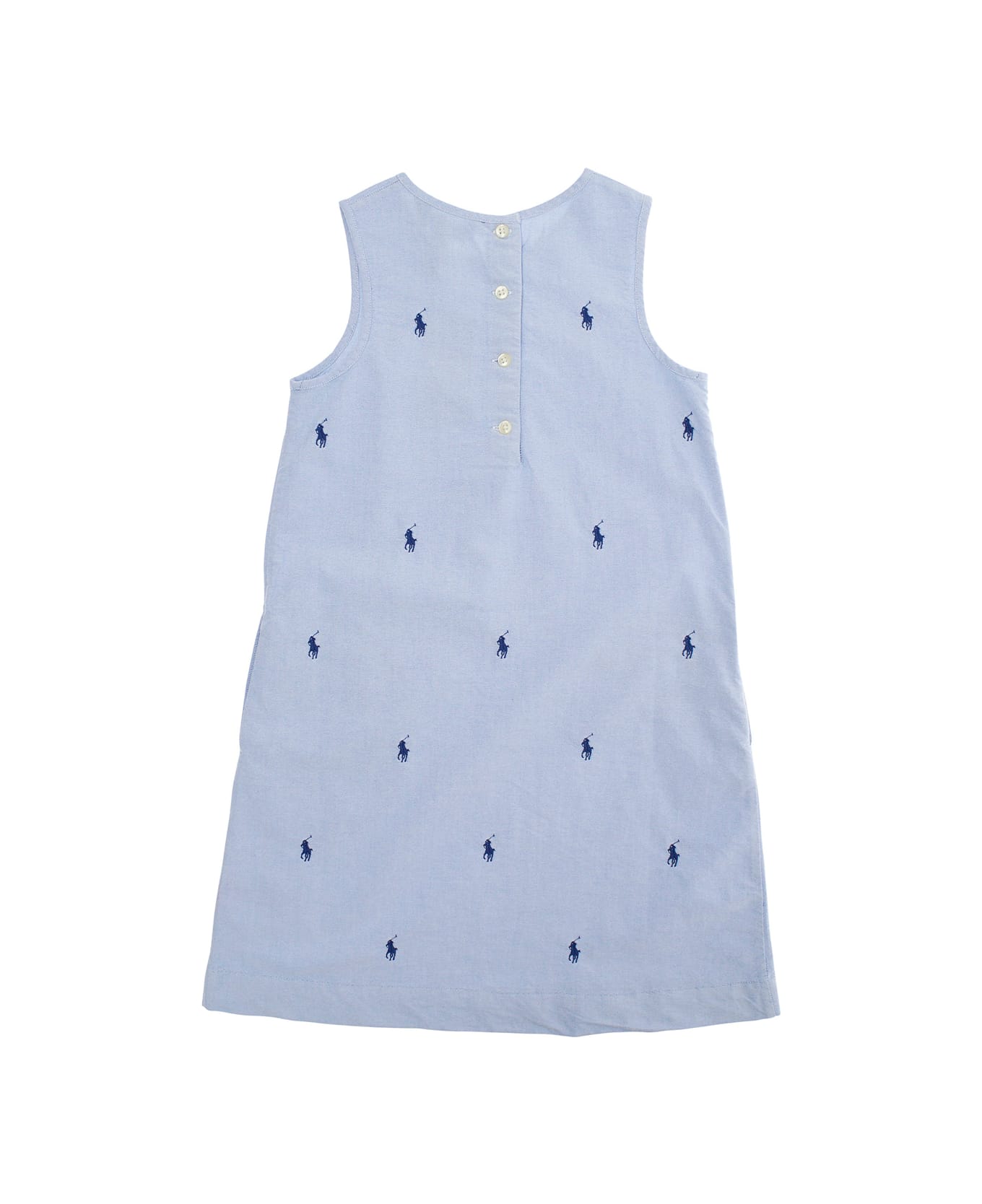 Polo Ralph Lauren Blue Crewneck Sleeveless Dress With All-over Pony Embroidery In Cotton Girl - Blu