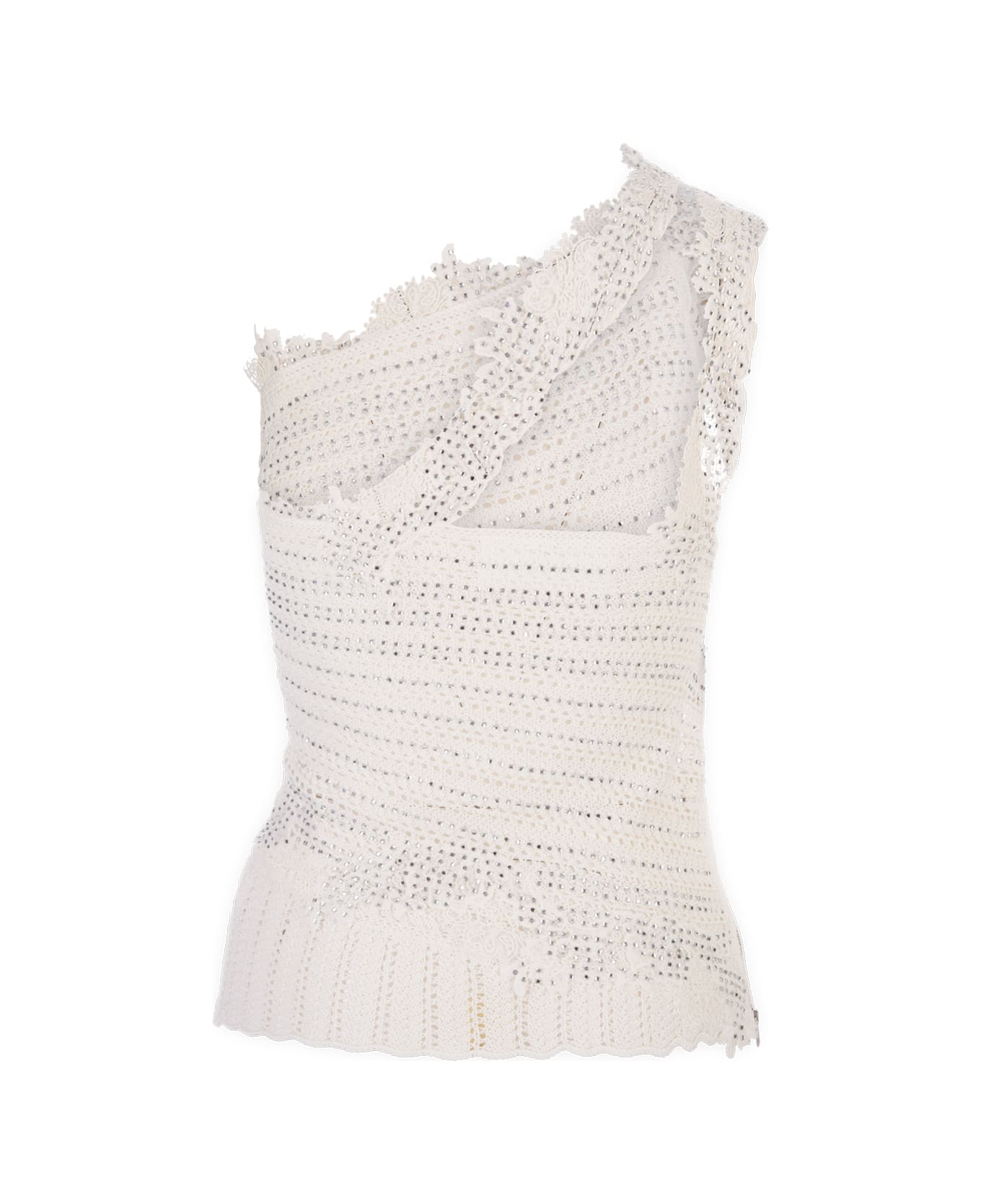 Ermanno Scervino White Cotton Top With Lace And Crystals - White