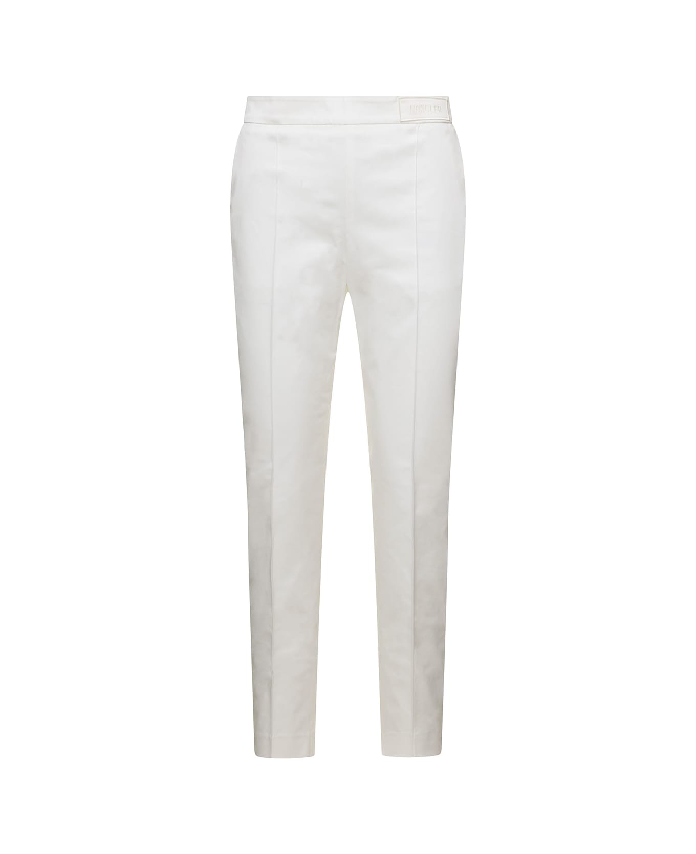 Moncler White Straight Pants With Tonal Logo Patch In Stretch Cotton Woman - WHITE