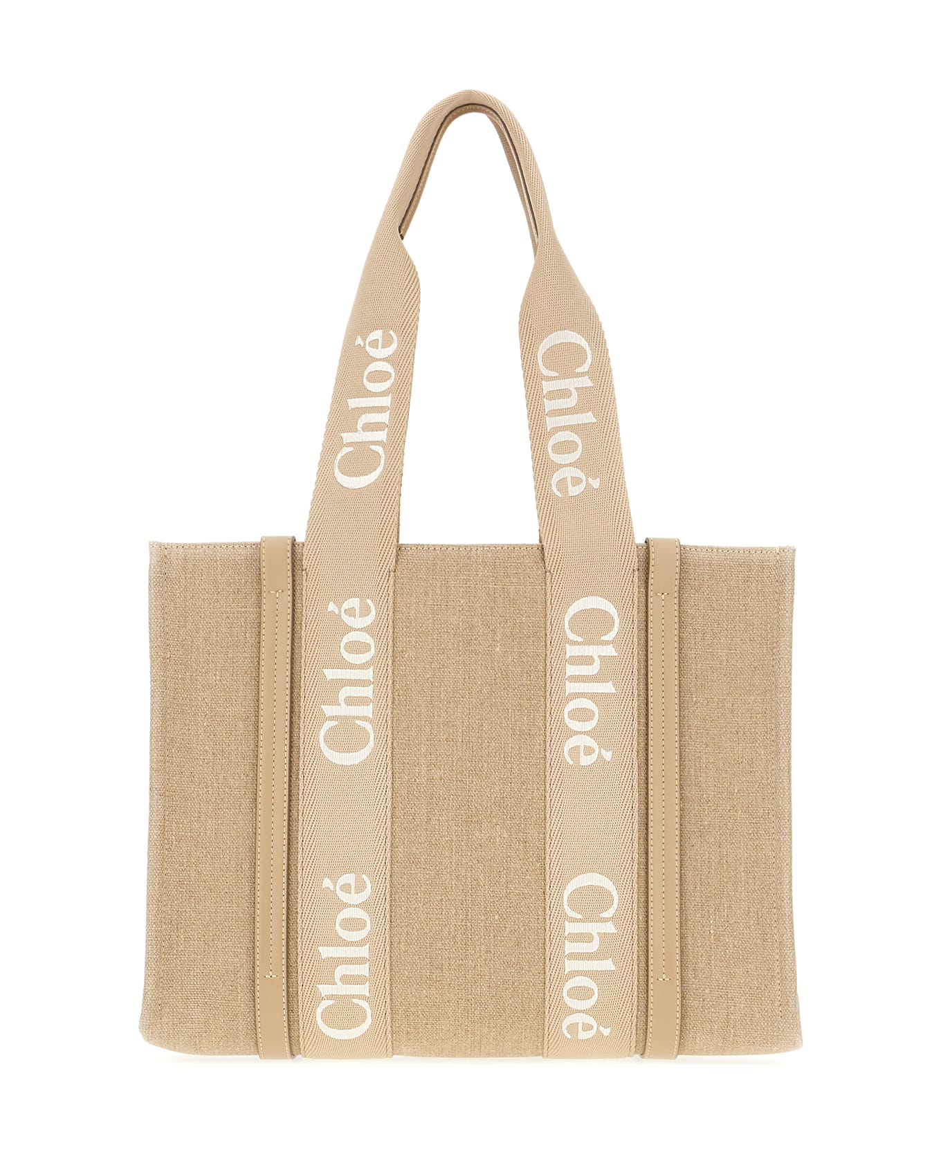 Chloé Cappuccino Linen Large Woody Shopping Bag - BOYISH BROWN