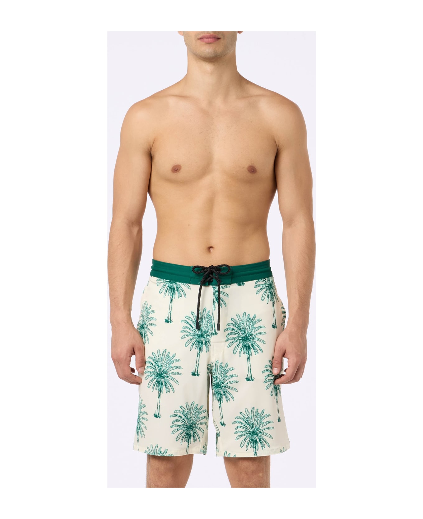 MC2 Saint Barth Long Stretch Comfort Surf Swim Shorts With Palm Print - WHITE