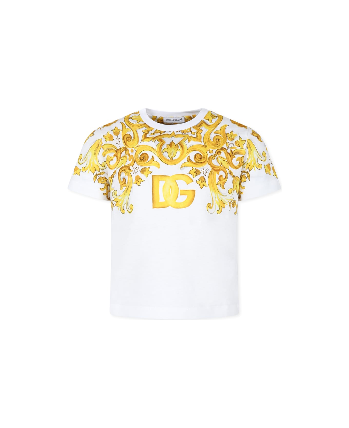 Dolce & Gabbana White T-shirt For Girl With Logo Dg And Yellow Majolica - White