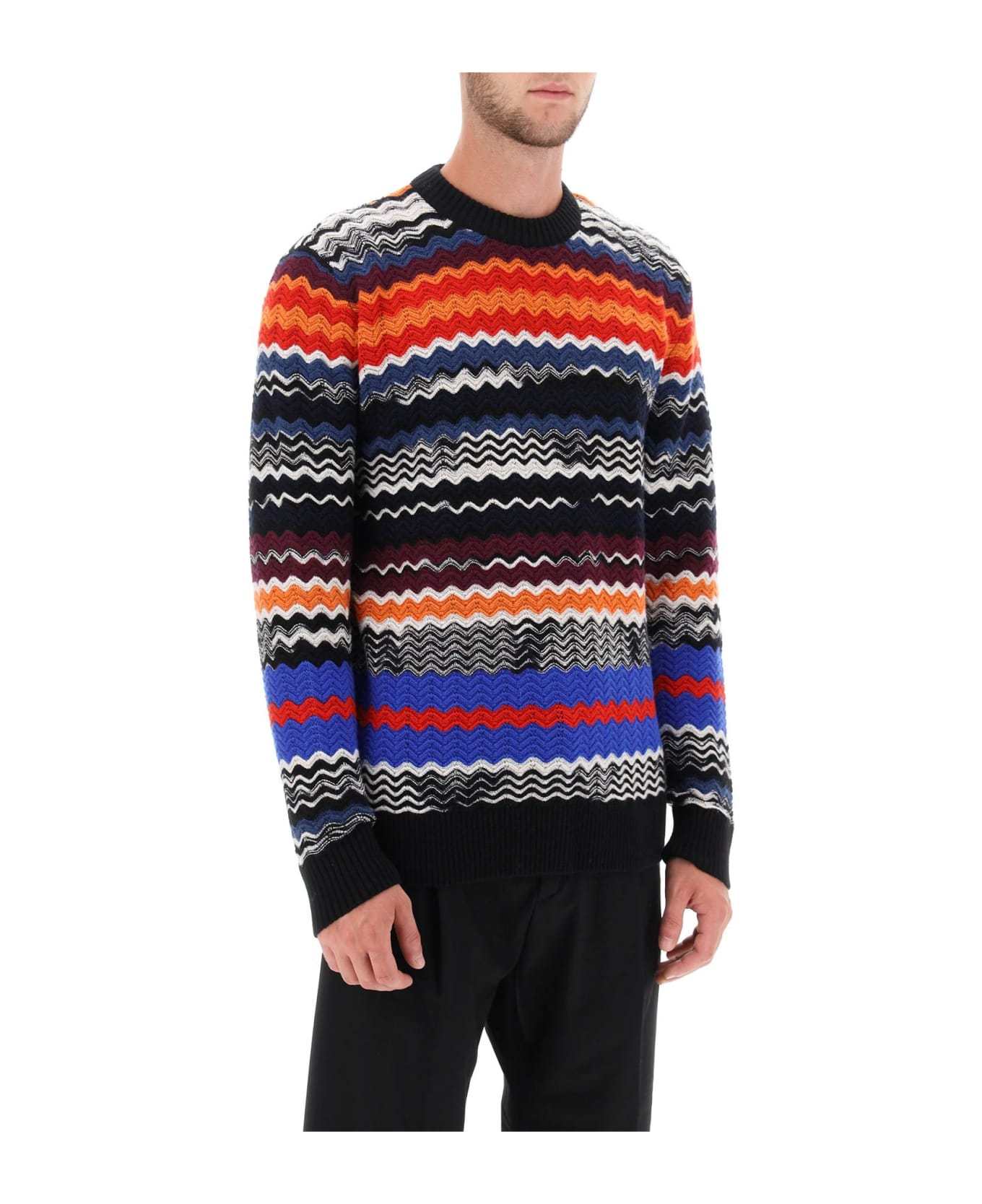 Missoni Crew-neck Sweater With Multicolor Herringbone Motif - BLACK