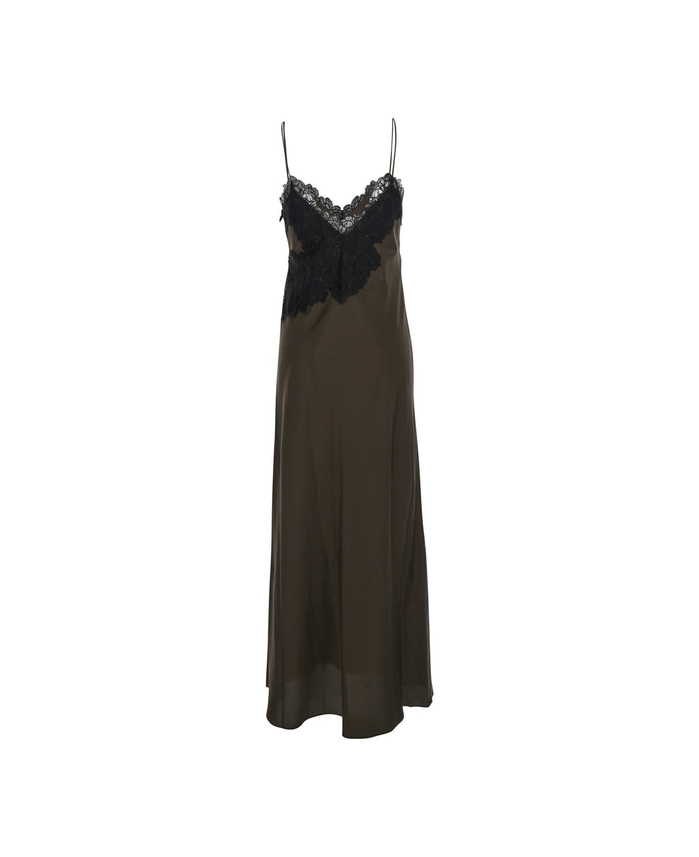 Róhe Brown Long Dress With Thin Shoulder Straps And Lace Details In Silk Woman - Brown