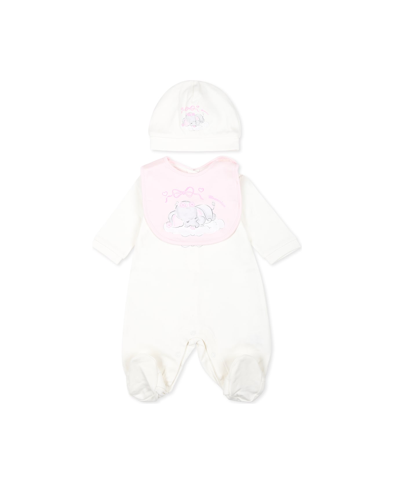 Monnalisa White Babygrow Set For Baby Girl With Elephant - Cream