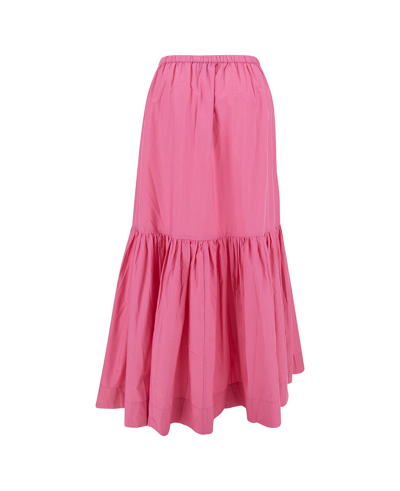 Ganni Long Pink Skirt With Flounce Detail In Cotton Woman - Pink