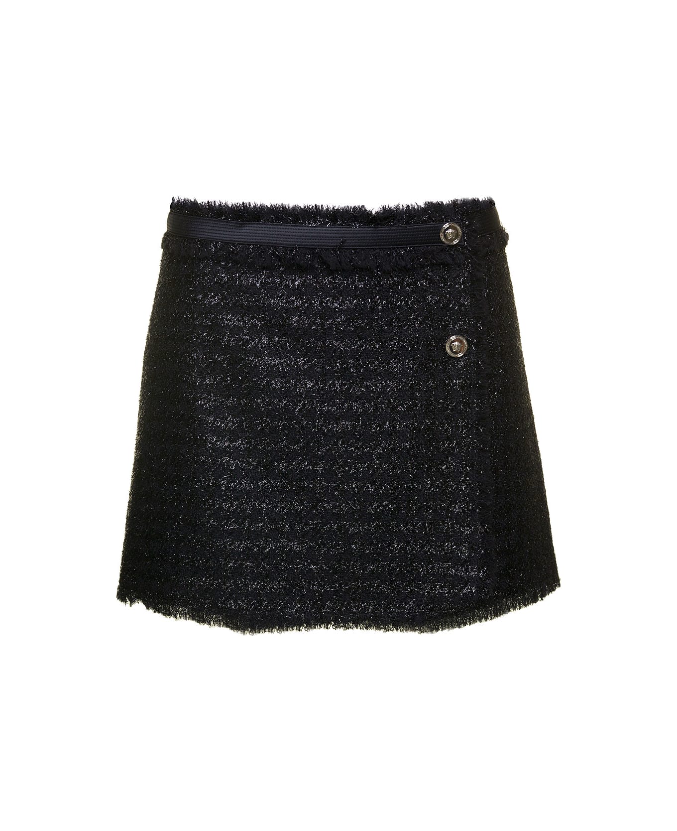 Versace Black Mini Lurex Skirt With Silver-tone Hardware In Wool Blend Woman - Black