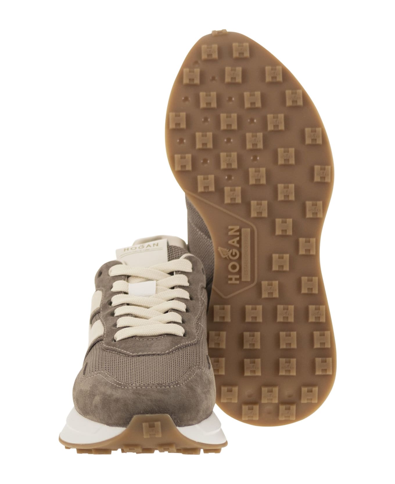 Hogan H641 - Leather And Canvas Trainers - Tortora
