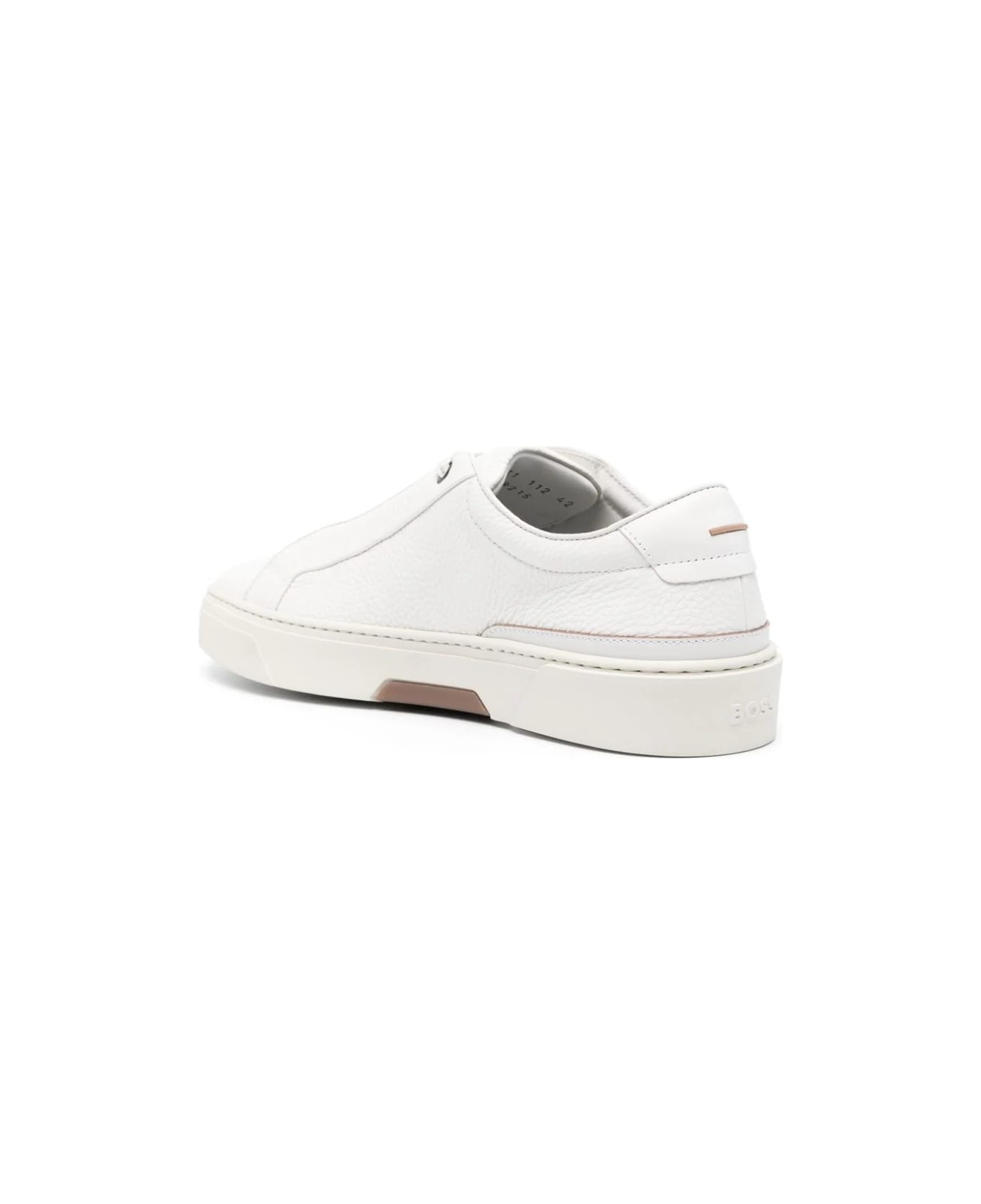 Hugo Boss White Grained Leather Sneakers With Logo Tag On Laces - White