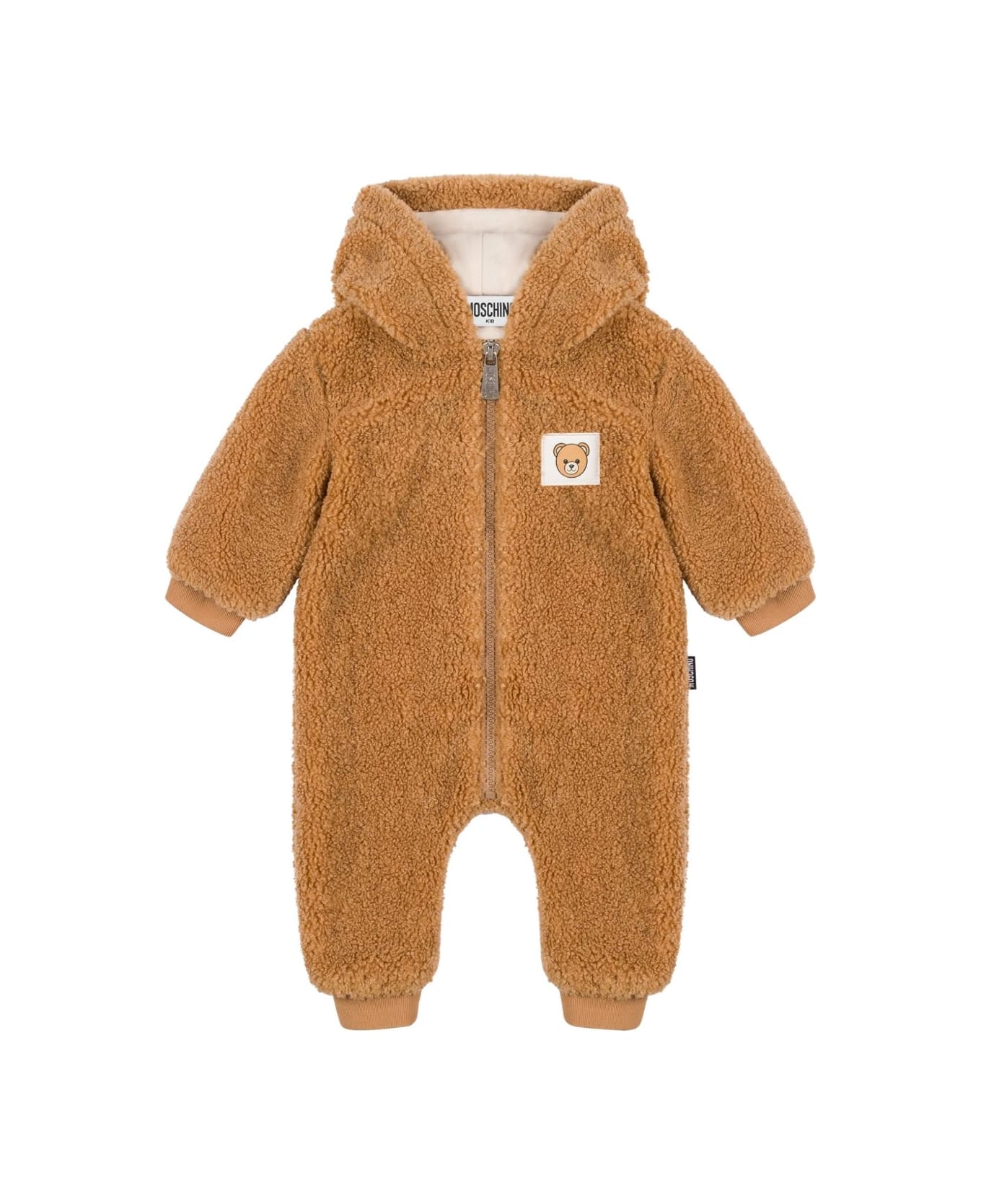Moschino Kids One-piece Suit With Faux Fur Hood - Brown