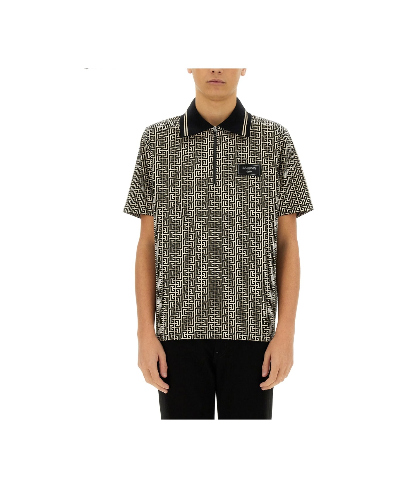Balmain Polo Shirt With Monogram - BLACK/NEUTRALS