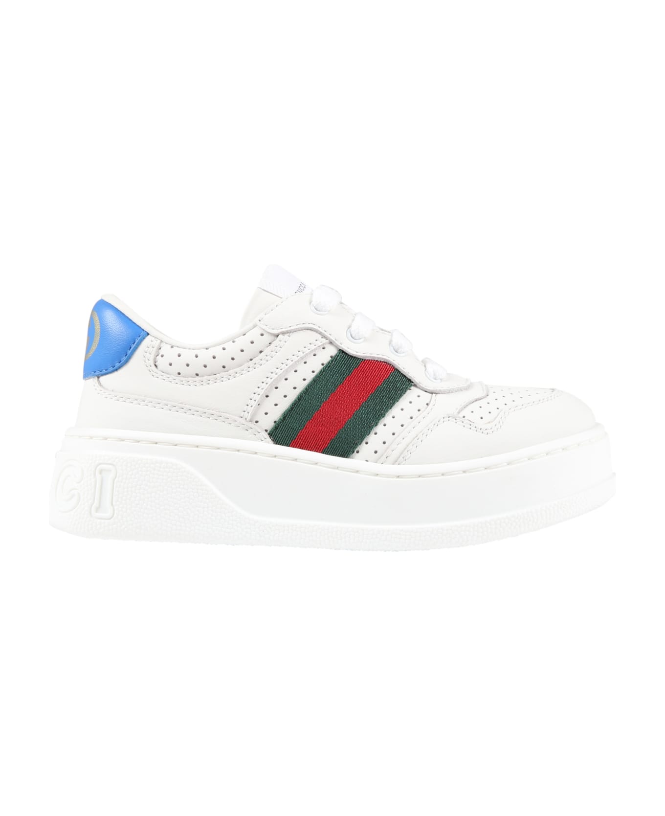 Gucci White Sneakers For Kids With Web Detail - White