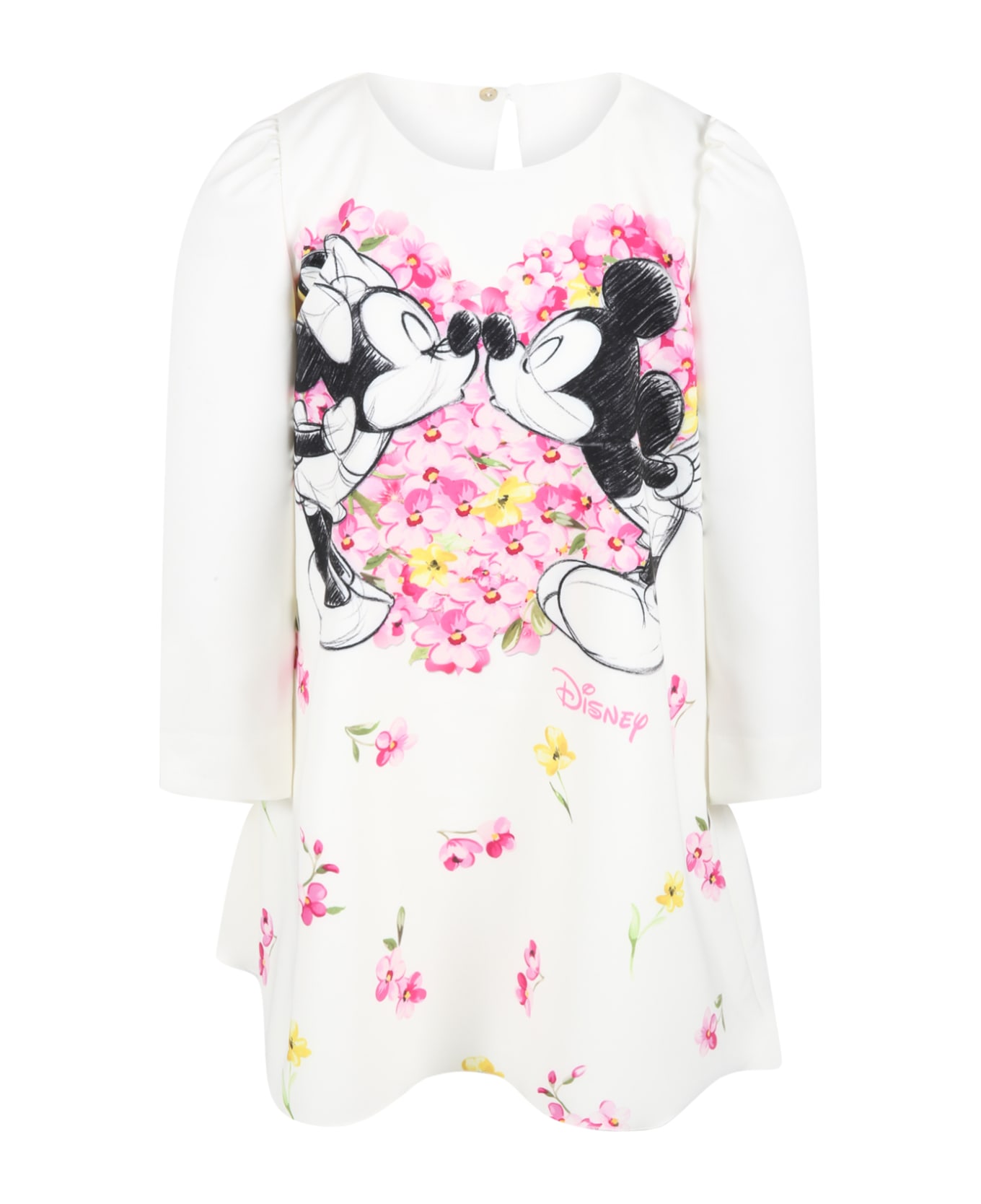 Monnalisa White Dress For Girl With Minnie And Mickey Mouse - Ivory