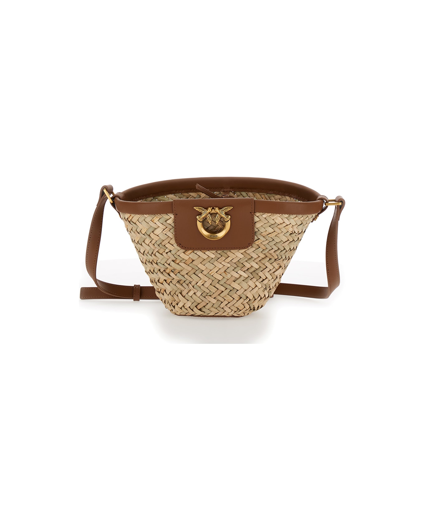 Pinko 'love Summer' Beige Bucket Bag In Raffa Woman - Naturale/cuoio-antique gold