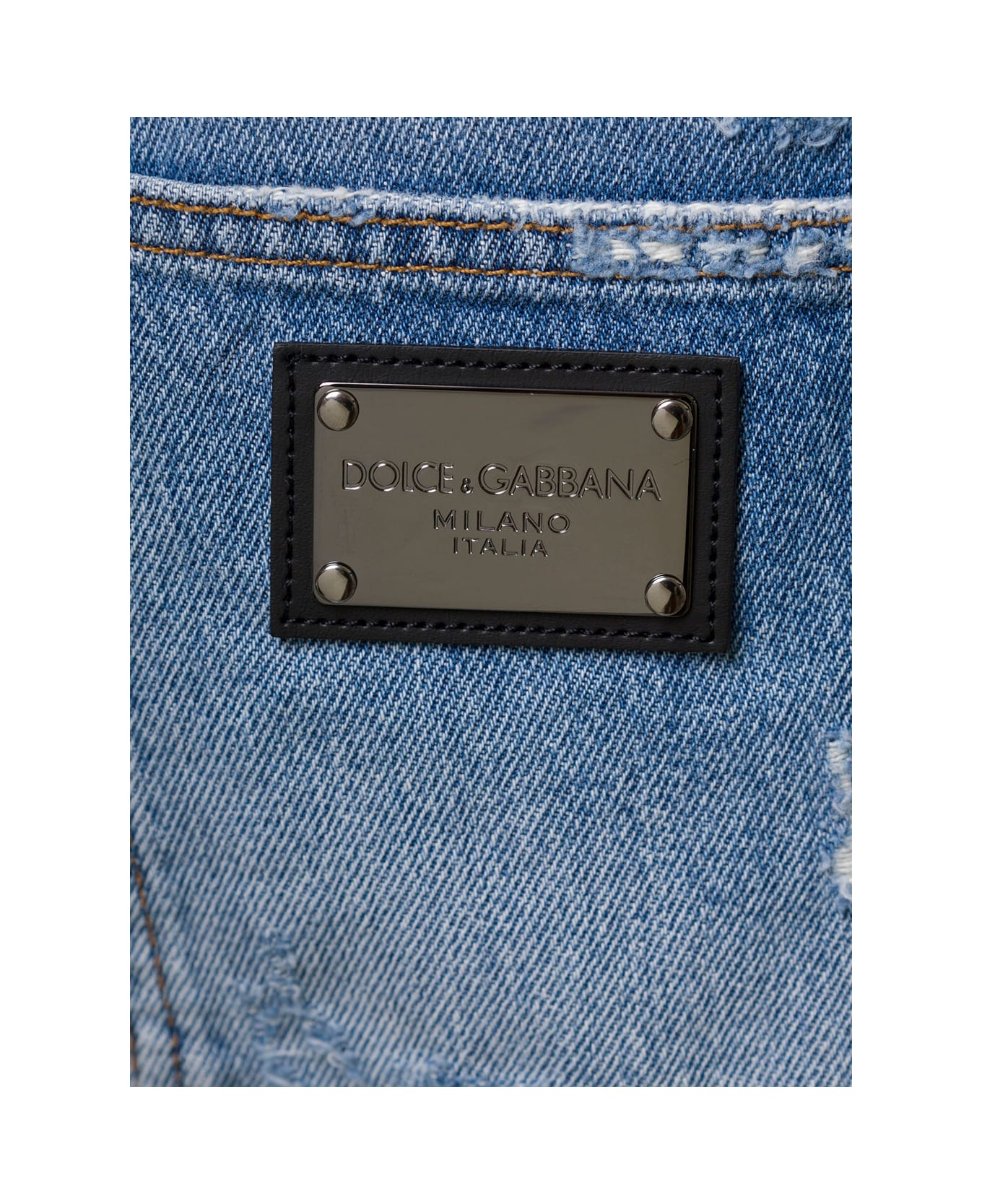 Dolce & Gabbana Light Blue Ripped Jeans With Logo Plaque In Cotton Denim Man - Blu