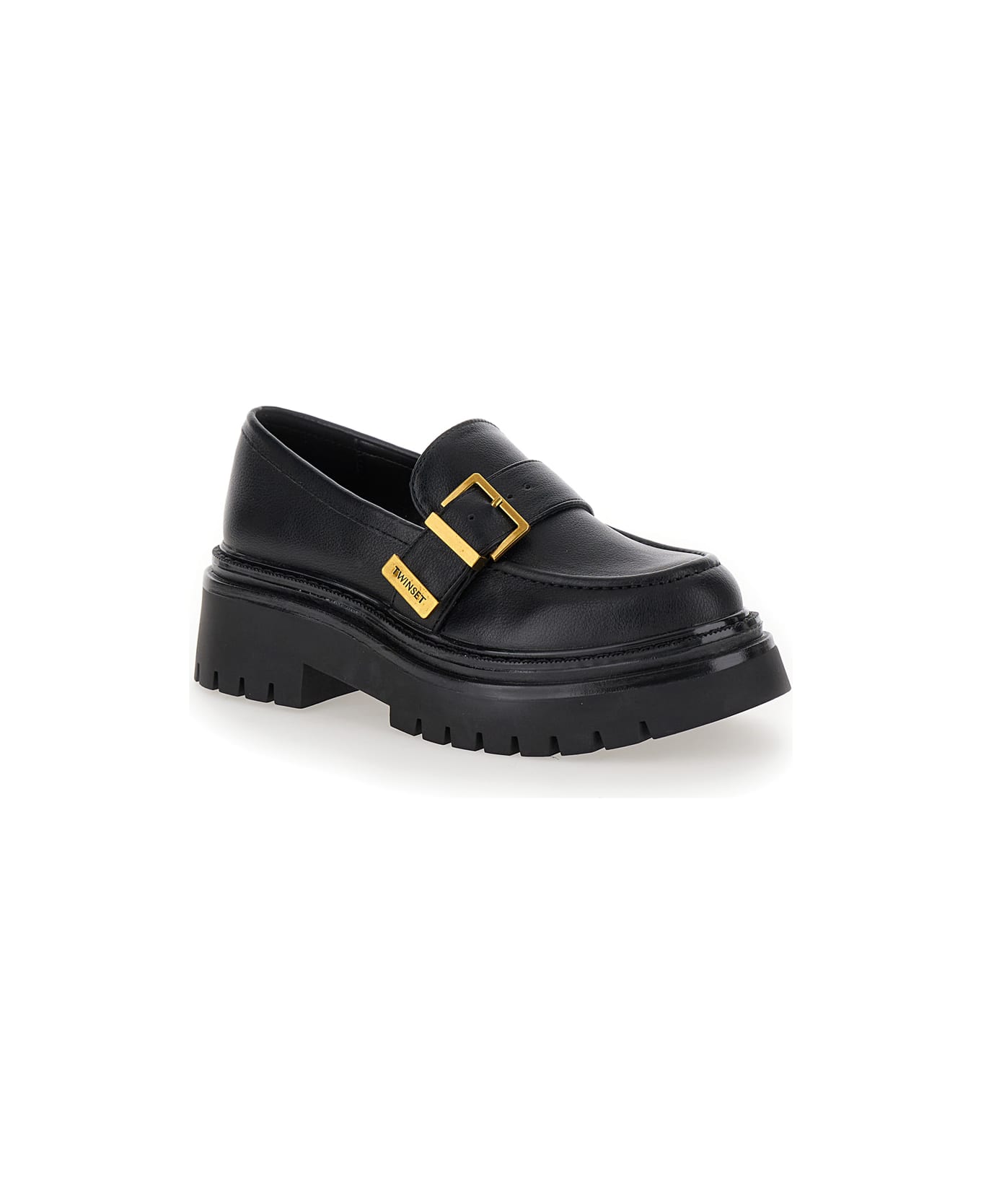 TwinSet Black Loafers With Platform And Logo In Leather Woman - Black