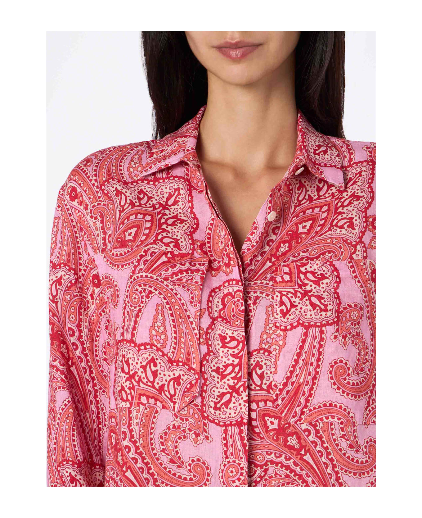 MC2 Saint Barth Woman Linen Shirt Alodie With Paisley Print And Pockets - PINK