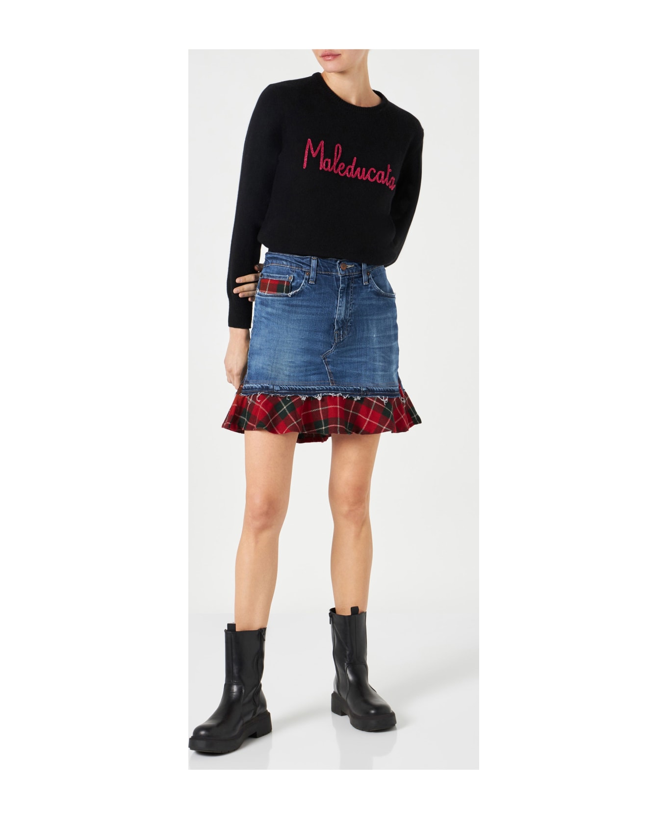 MC2 Saint Barth Woman Vintage Jeans Skirt With Tartan Details スカート