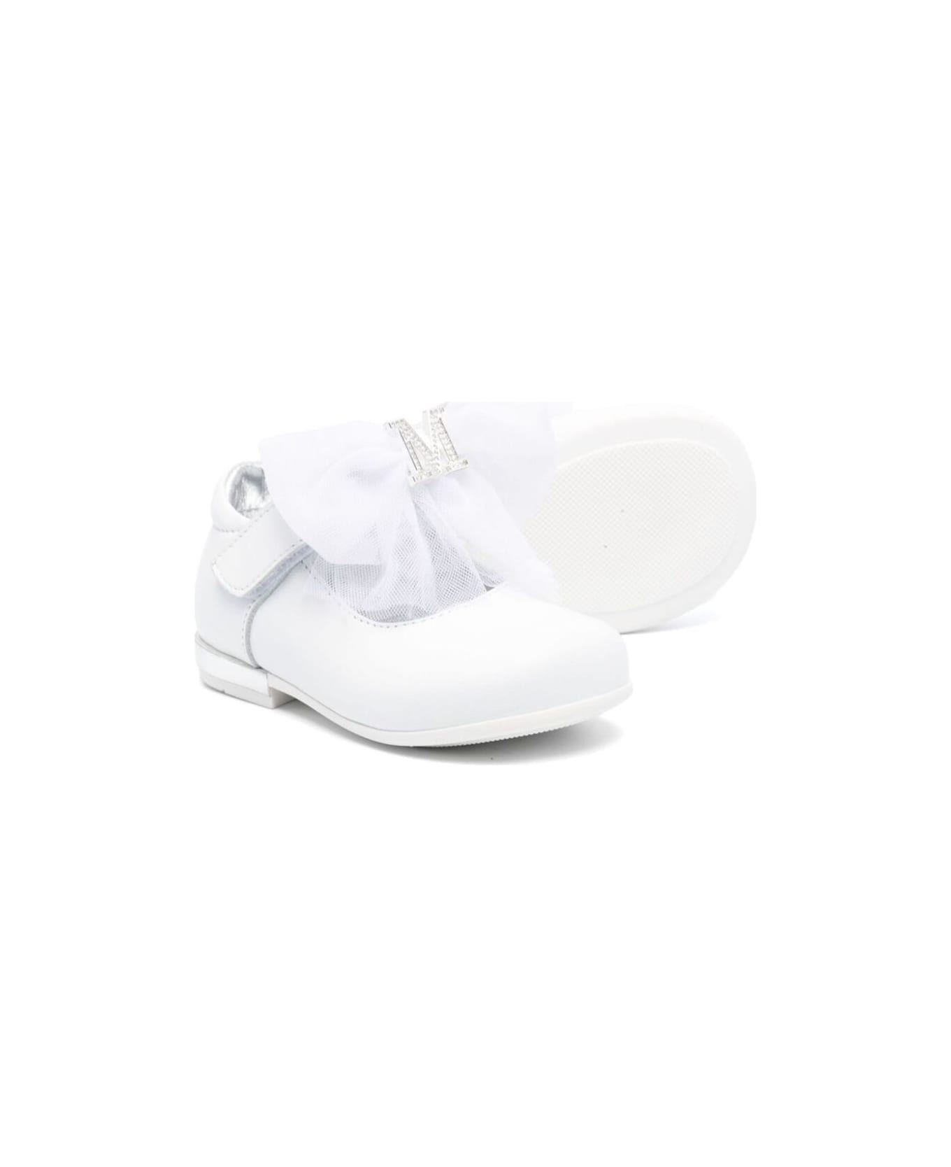 Monnalisa White Ballet Shoes With Bow And Rhinestoned Logo Plaque In Leather Girl - White