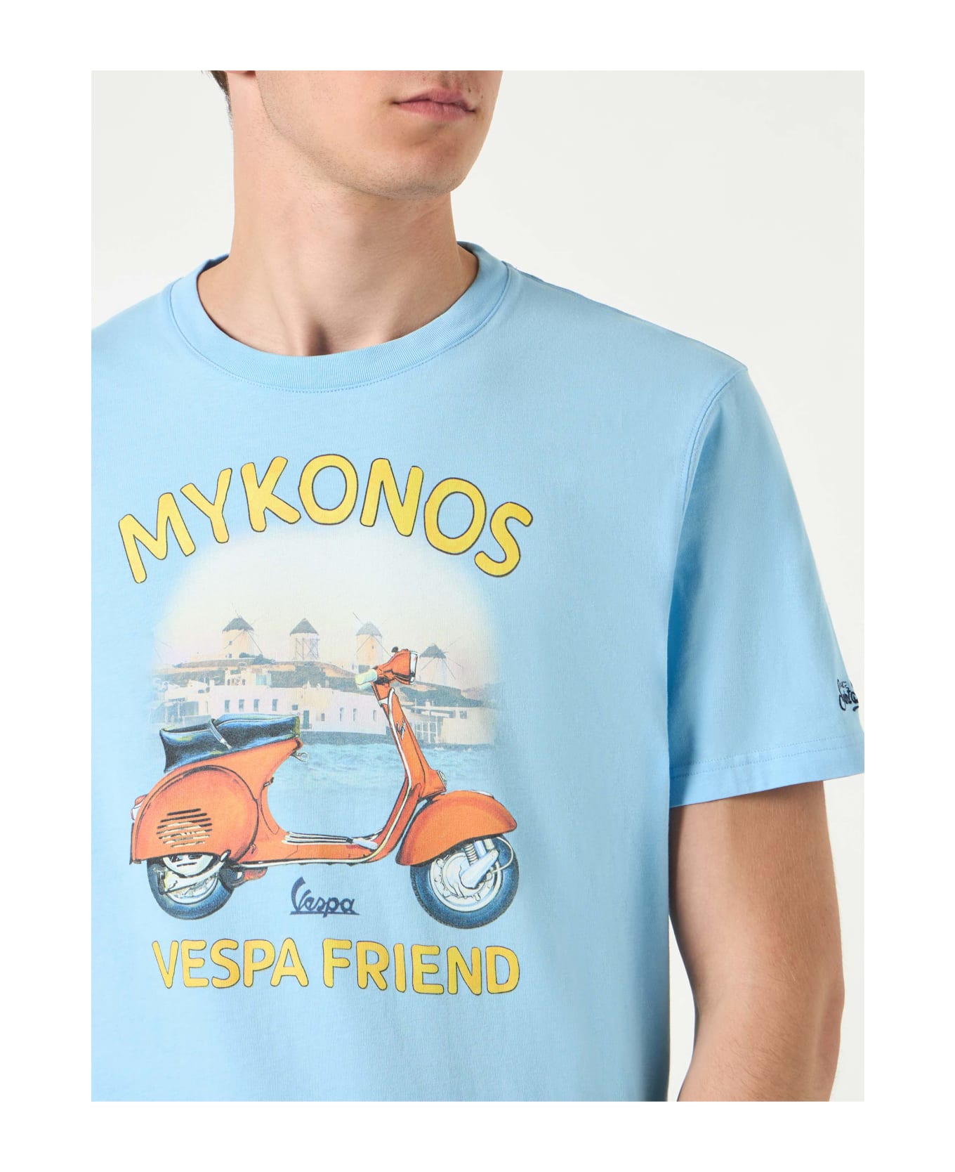 MC2 Saint Barth Man Cotton T-shirt With Mykonos Vespa Print | Vespa® Special Edition - SKY