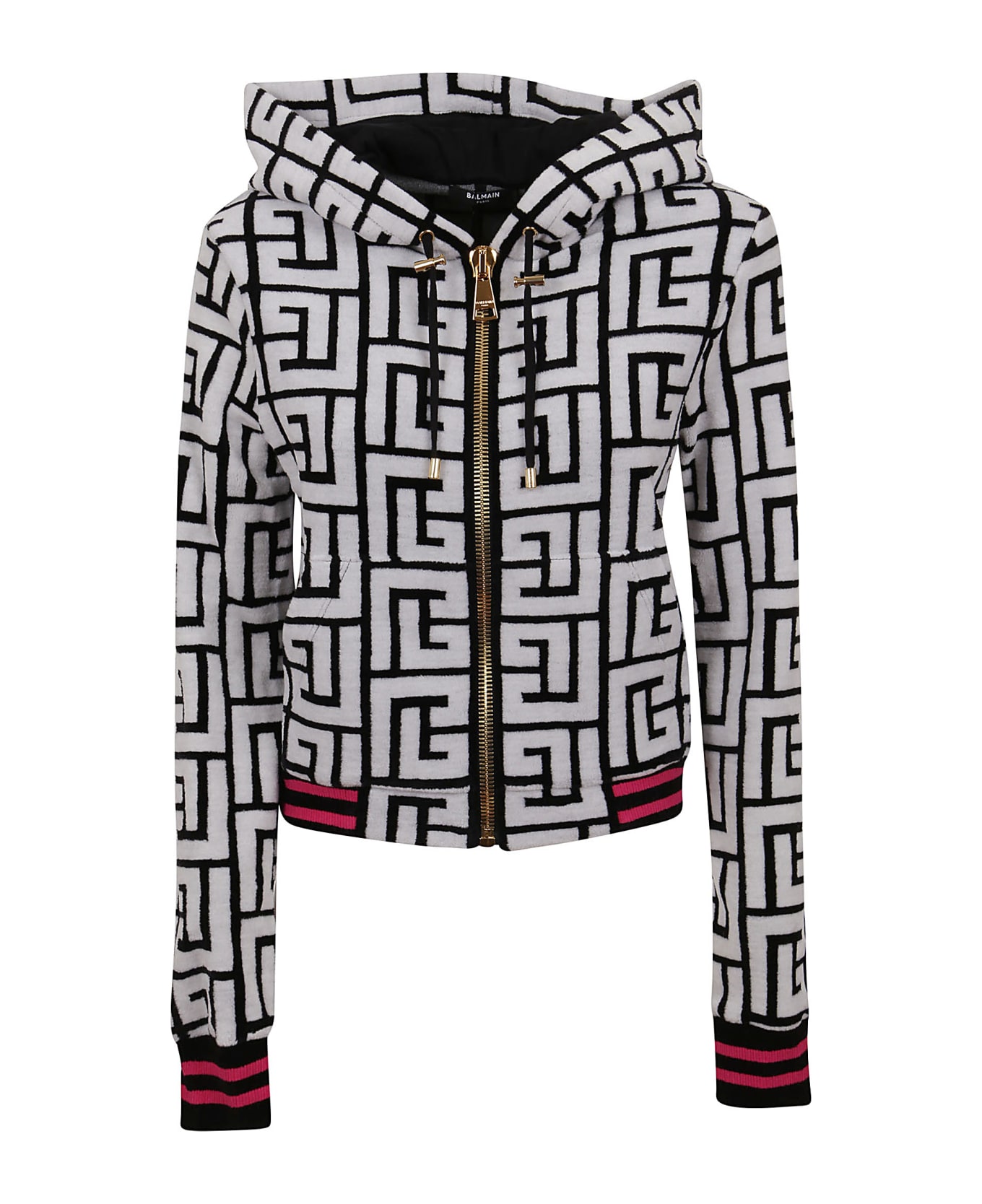 Balmain Cropped Wool Monogram Zipped Hoodie - Eab Noir Blanc