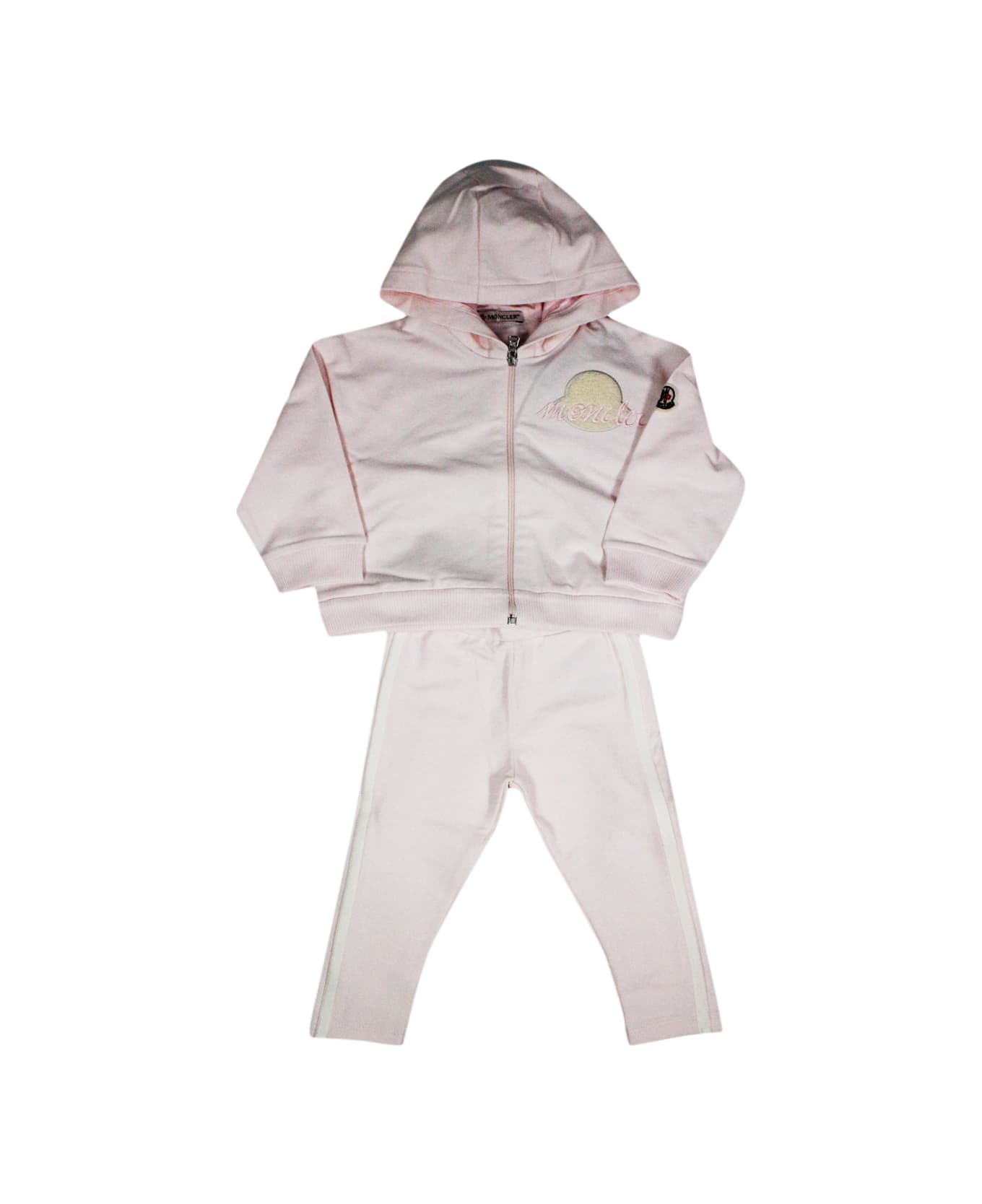 Moncler Complete With Zip-up Sweatshirt With Long-sleeved Hood In Fine Cotton And Trousers With Elastic Waist. Logo On The Chest - Pink