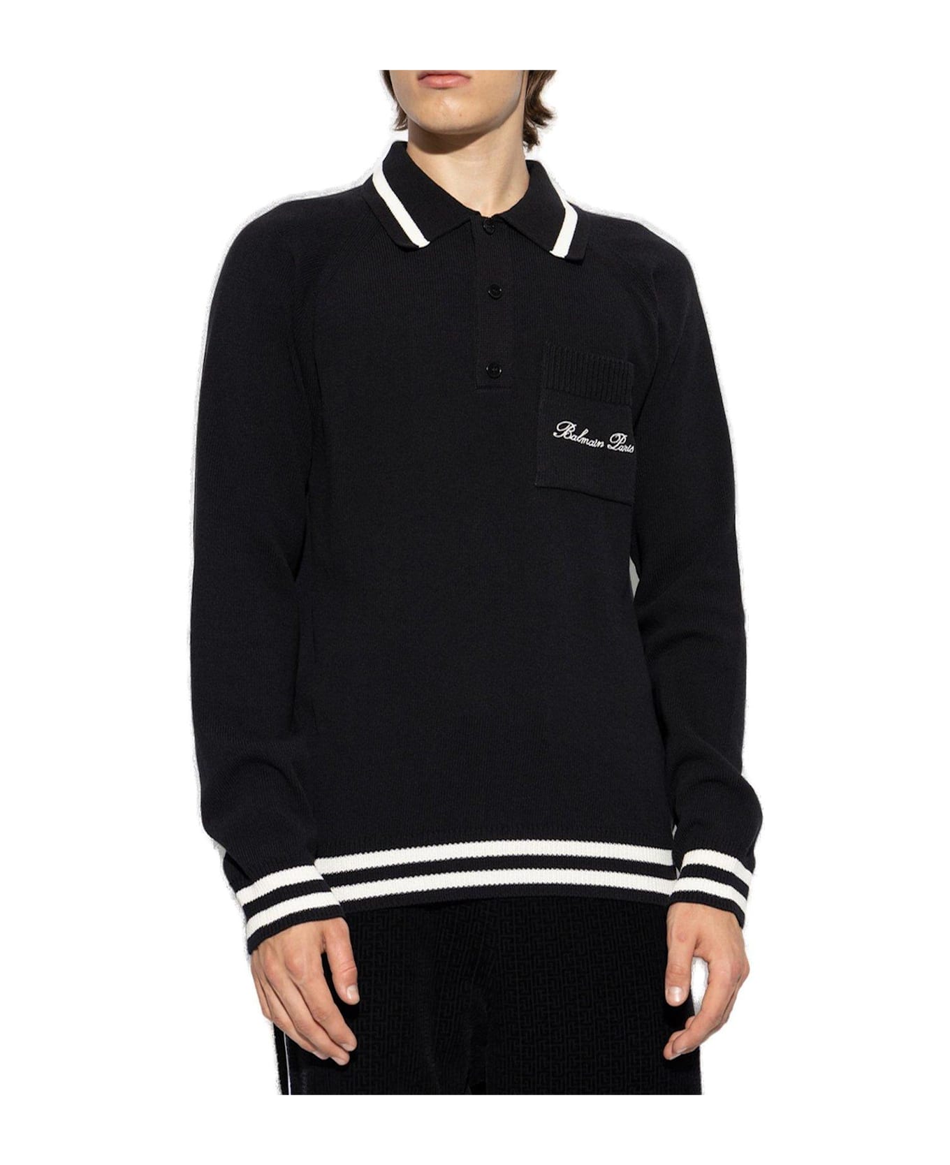 Balmain Logo Embroidered Long-sleeve Polo Shirt - Black/natural