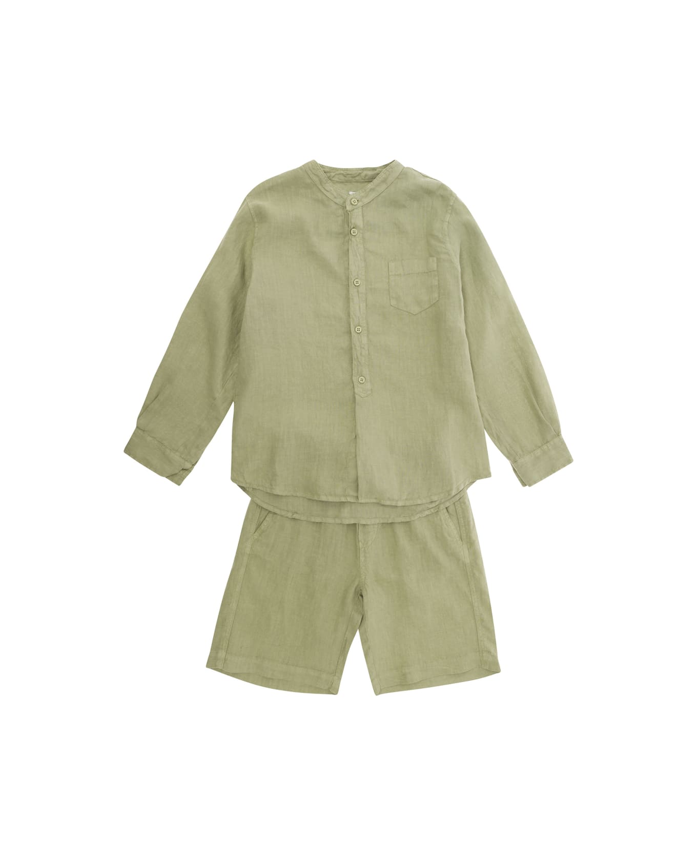 Il Gufo Green Shirt And Shorts Set In Linen Boy - Green