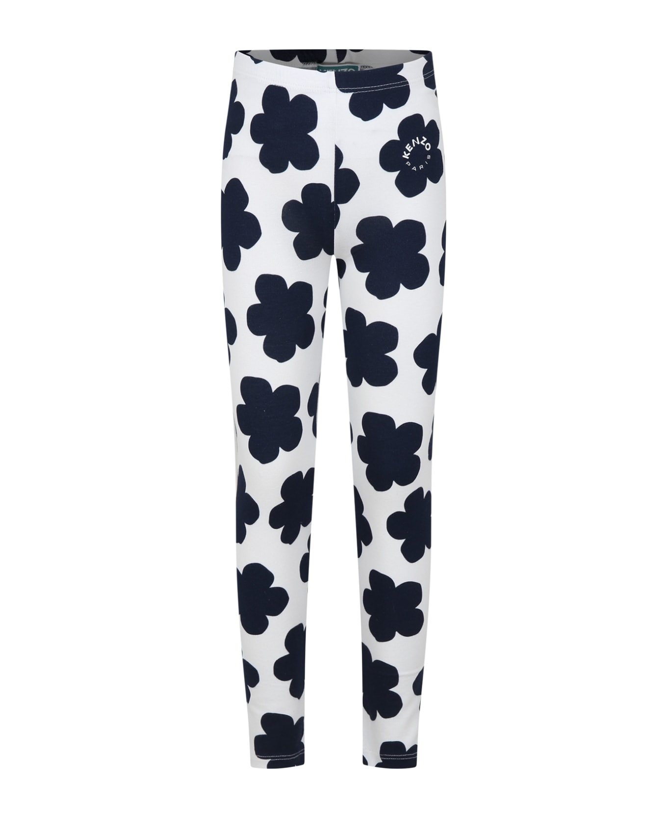Kenzo Kids Ivory Leggings For Girl With Logo And Flowers - Ivory ボトムス