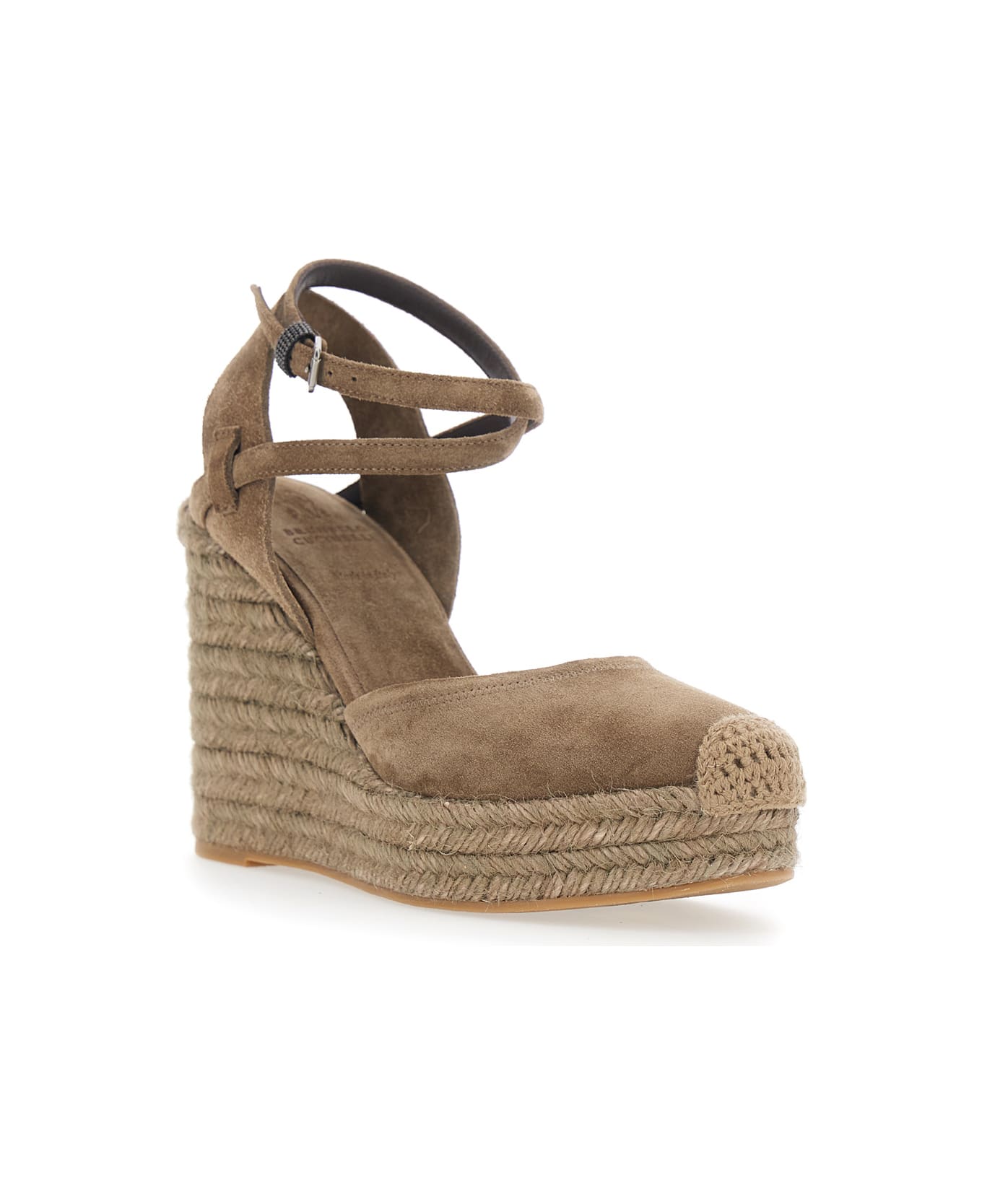 Brunello Cucinelli Brown Wedges With Ankle Strap And Round Toe In Suede Woman - Brown