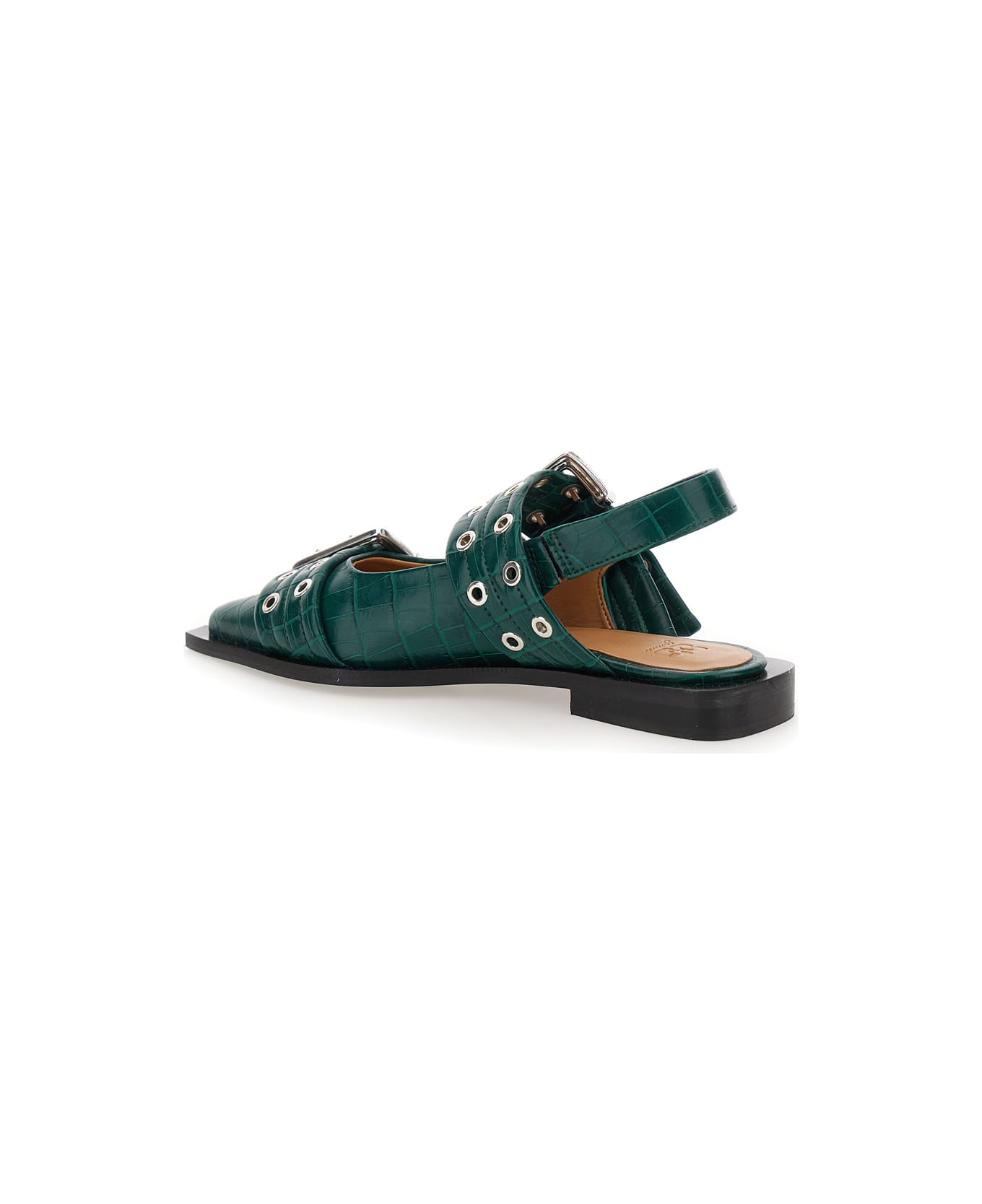 Ganni Green Ballet Shoes With Double Buckle And Pointed Design In Leather Woman - Green