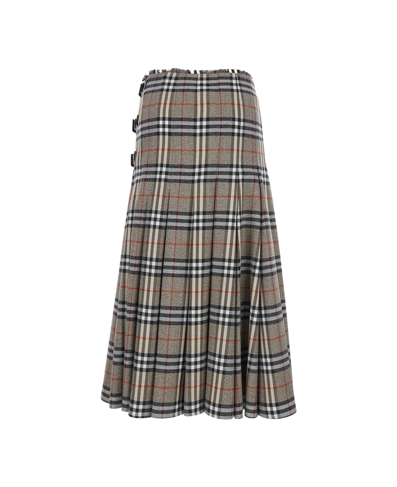 Burberry Beige Midi Skirt With Side Buckle Closure And All-over Check Motif In Wool Woman - Beige スカート