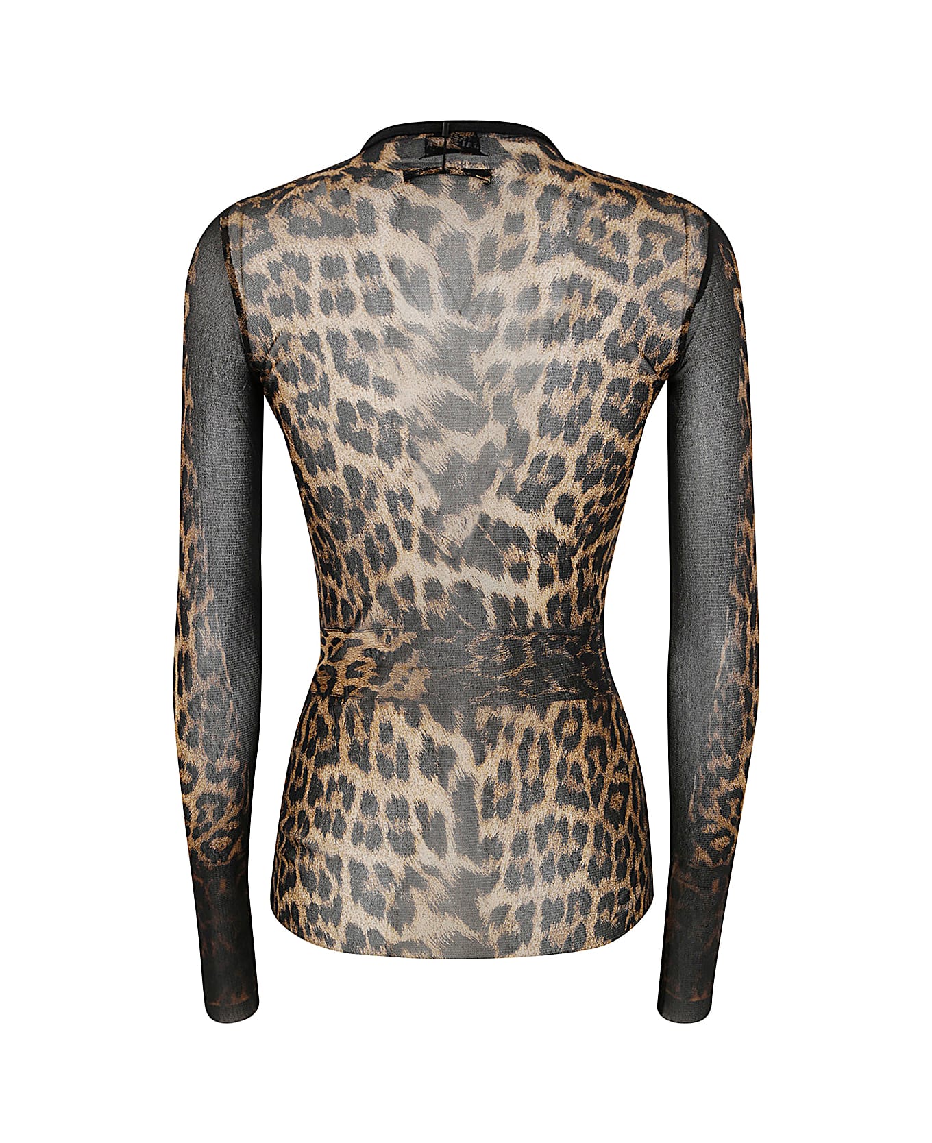 Jean Paul Gaultier Mesh Long Sleeve Top Printed "leopard" With Lace Label - Beige Brown Dark Brown Black