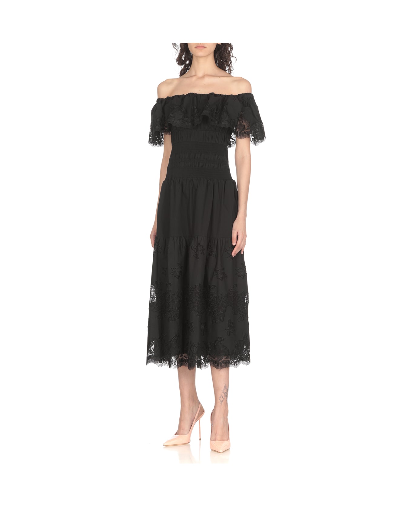 self-portrait Cotton Midi Dress - Black ワンピース＆ドレス