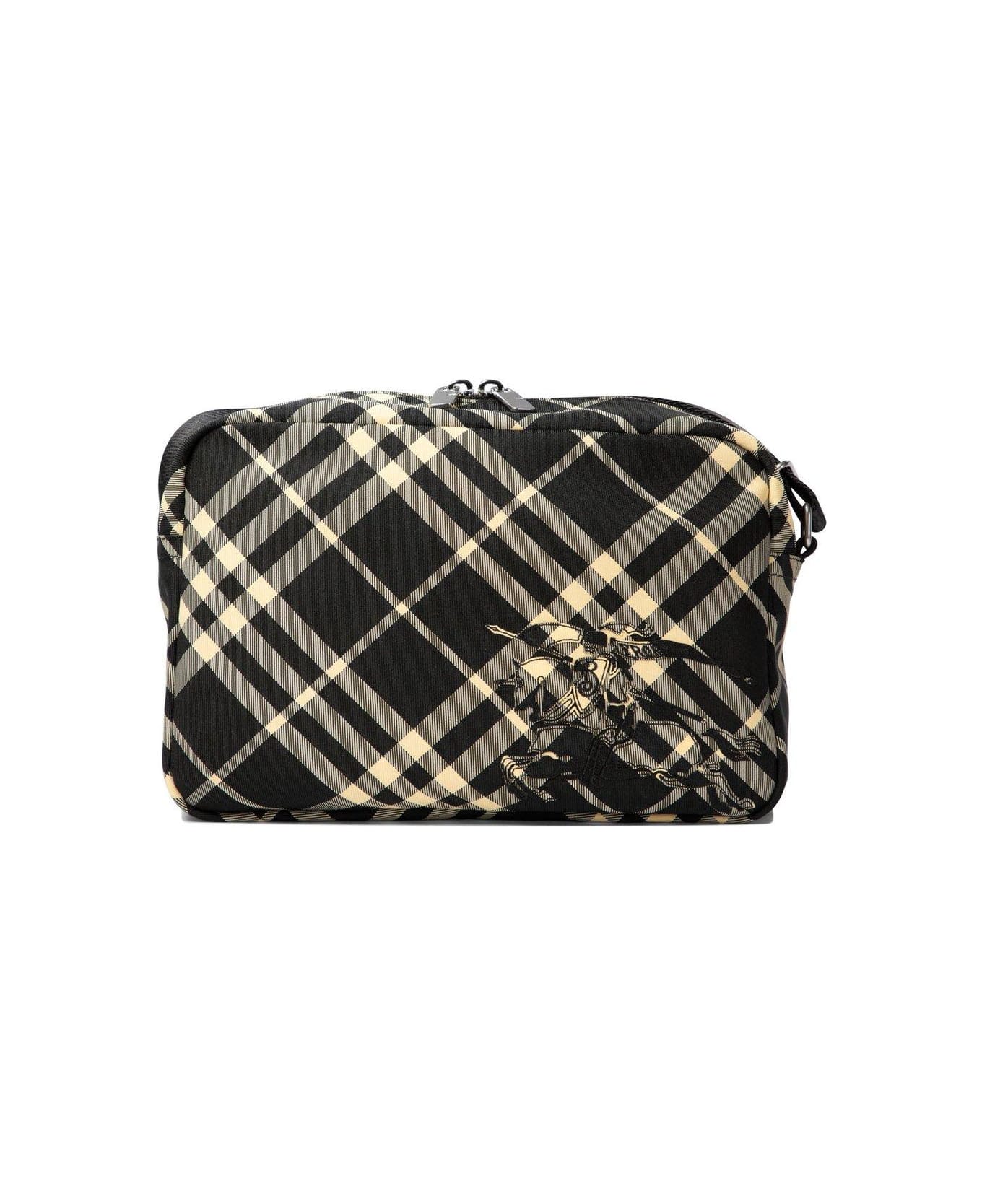 Burberry Equestrian Knight Motif Checked Zipped Crossbody Bag - Black Calico