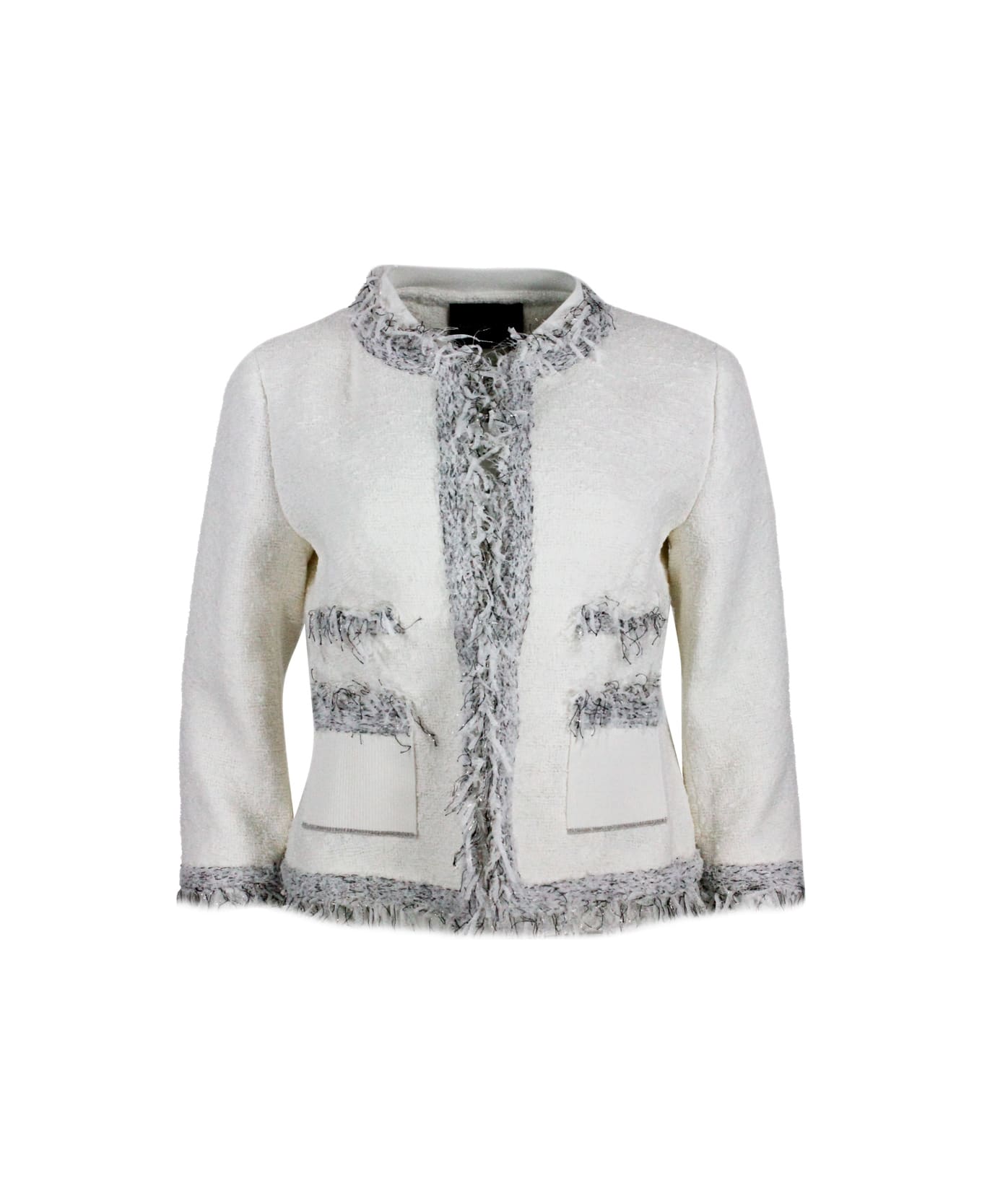 Lorena Antoniazzi Chanel-style Jacket With Long Sleeves And Mandarin Collar In Worked Cotton With Ribbon Applications On The Edges - cream