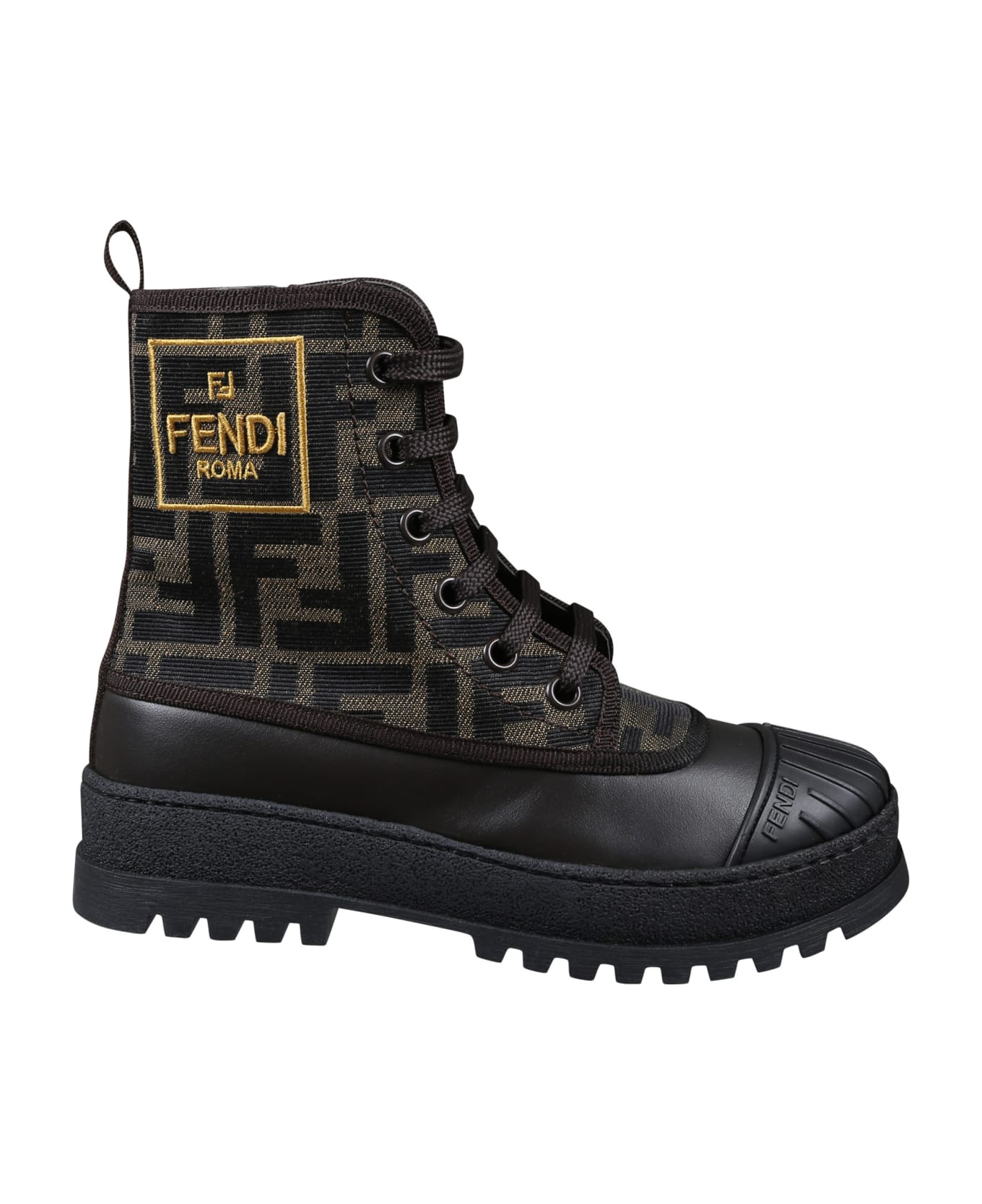 Fendi Brown Combat Boots For Kids With Ff Logo - Brown シューズ