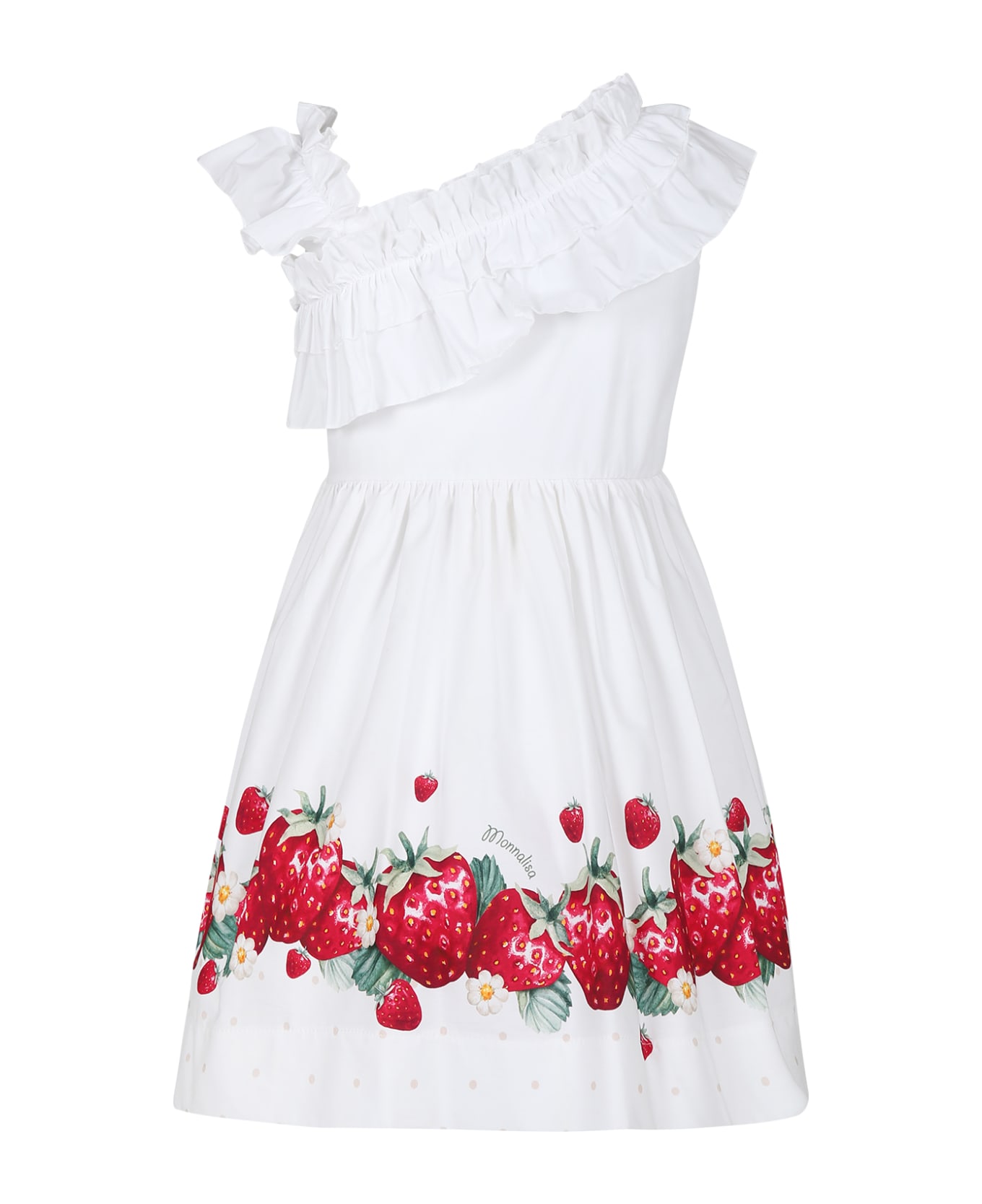 Monnalisa White Dress For Girl With Strawberry Print - White