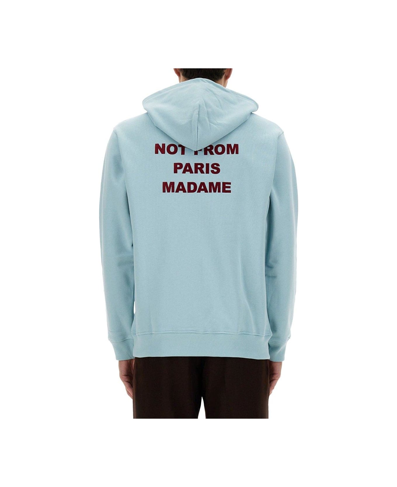 Drôle de Monsieur Slogan Printed Drawstring Hoodie - Light Blue