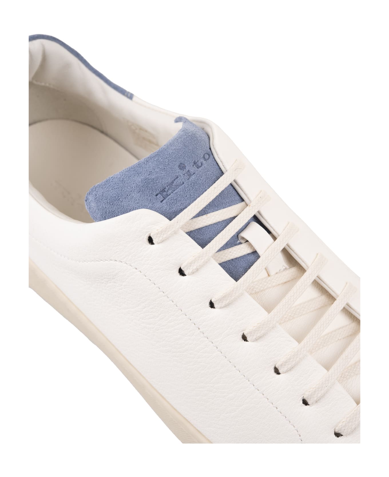 Kiton White Leather Sneakers With Light Blue Details - Blue